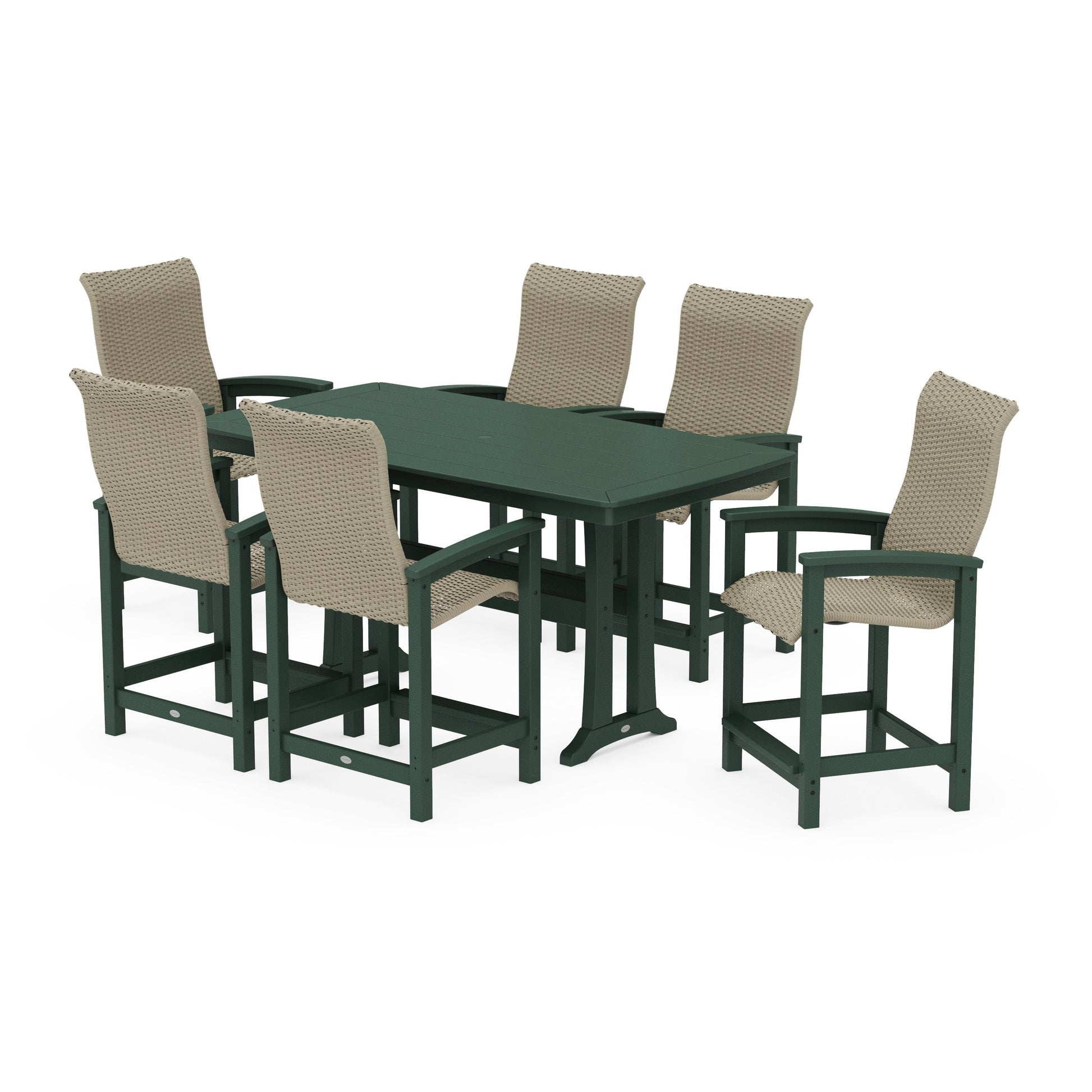 POLYWOOD Coastal Woven High-Back Arm Chair 7-Piece Counter Set with Trestle Legs — Green / Dune Grass