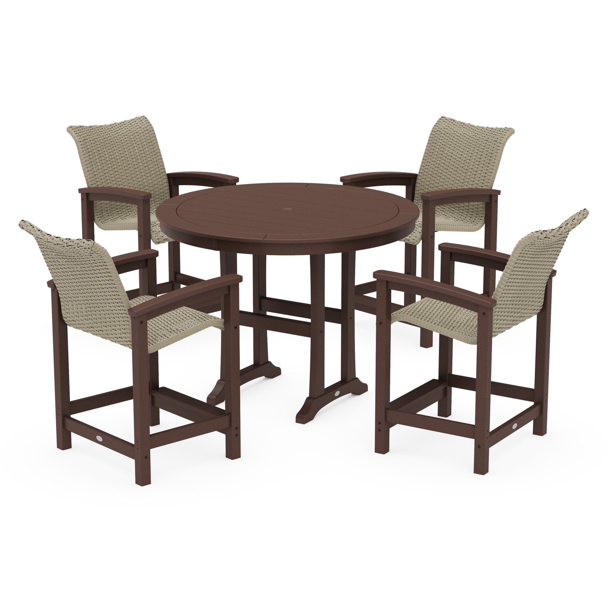 POLYWOOD Coastal Woven 5-Piece Round Counter Set — Mahogany / Dune Grass