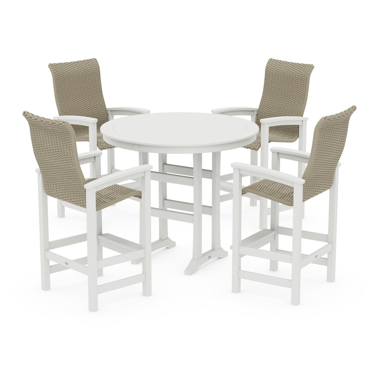 POLYWOOD Coastal Woven High-Back 5-Piece Round Bar Set — White / Dune Grass
