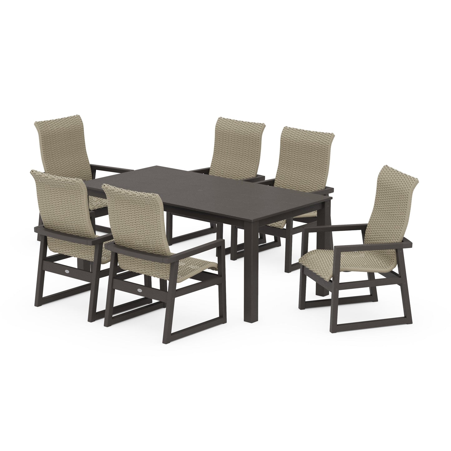 POLYWOOD EDGE Woven Highback Arm Chair 7-Piece Parsons Dining Set — Vintage Coffee / Dune Grass