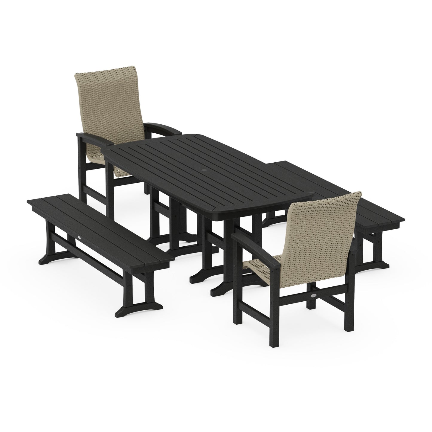 POLYWOOD Coastal Woven High-Back 5-Piece Dining Set with Benches — Black / Dune Grass