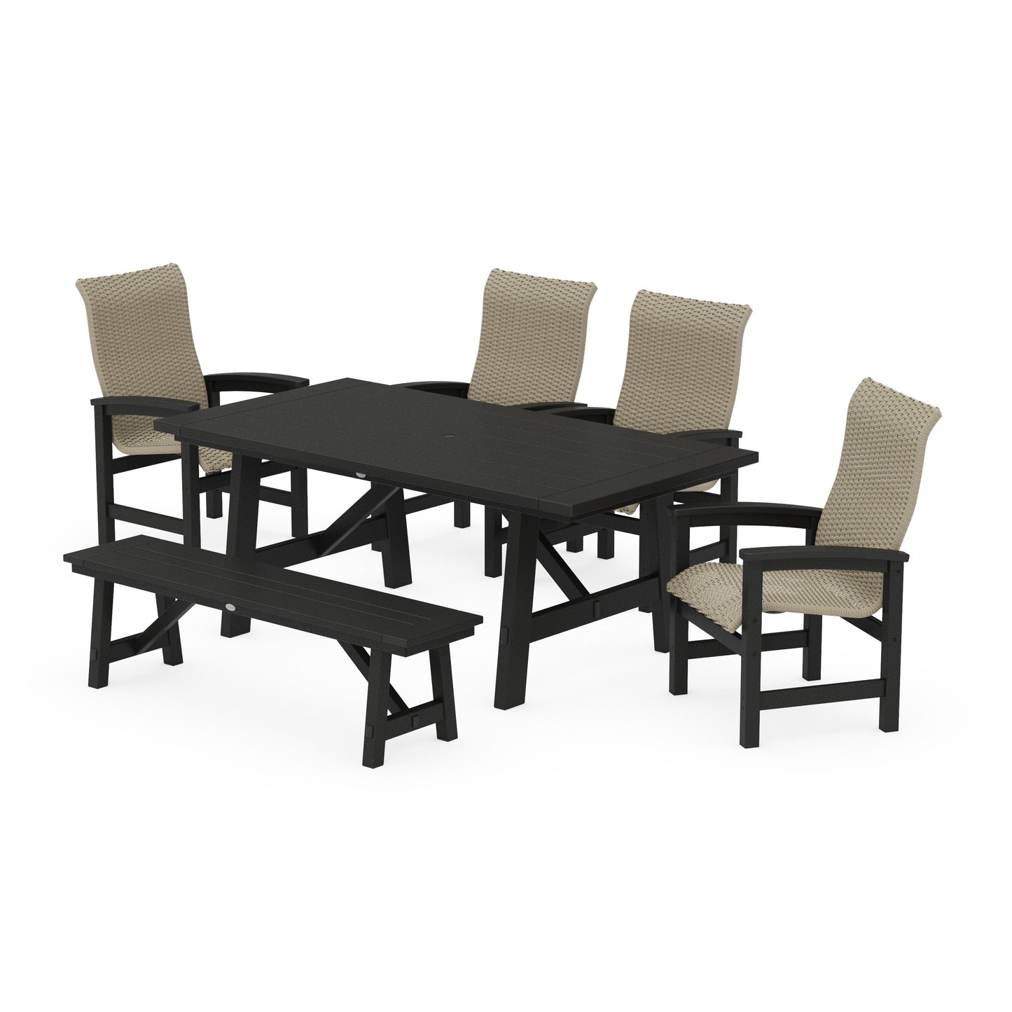 POLYWOOD Coastal Woven High-Back 6-Piece Rustic Farmhouse Dining Set with Bench — Black / Dune Grass