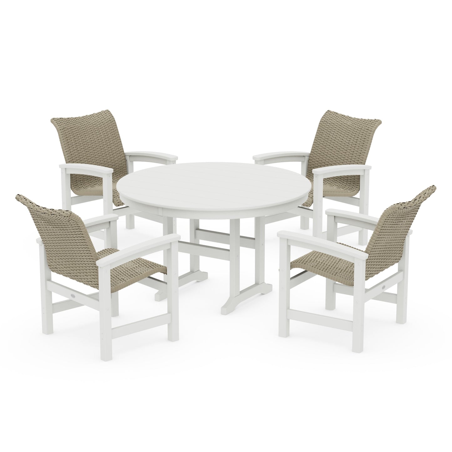 POLYWOOD Coastal Woven 5-Piece Round Farmhouse Dining Set — White / Dune Grass