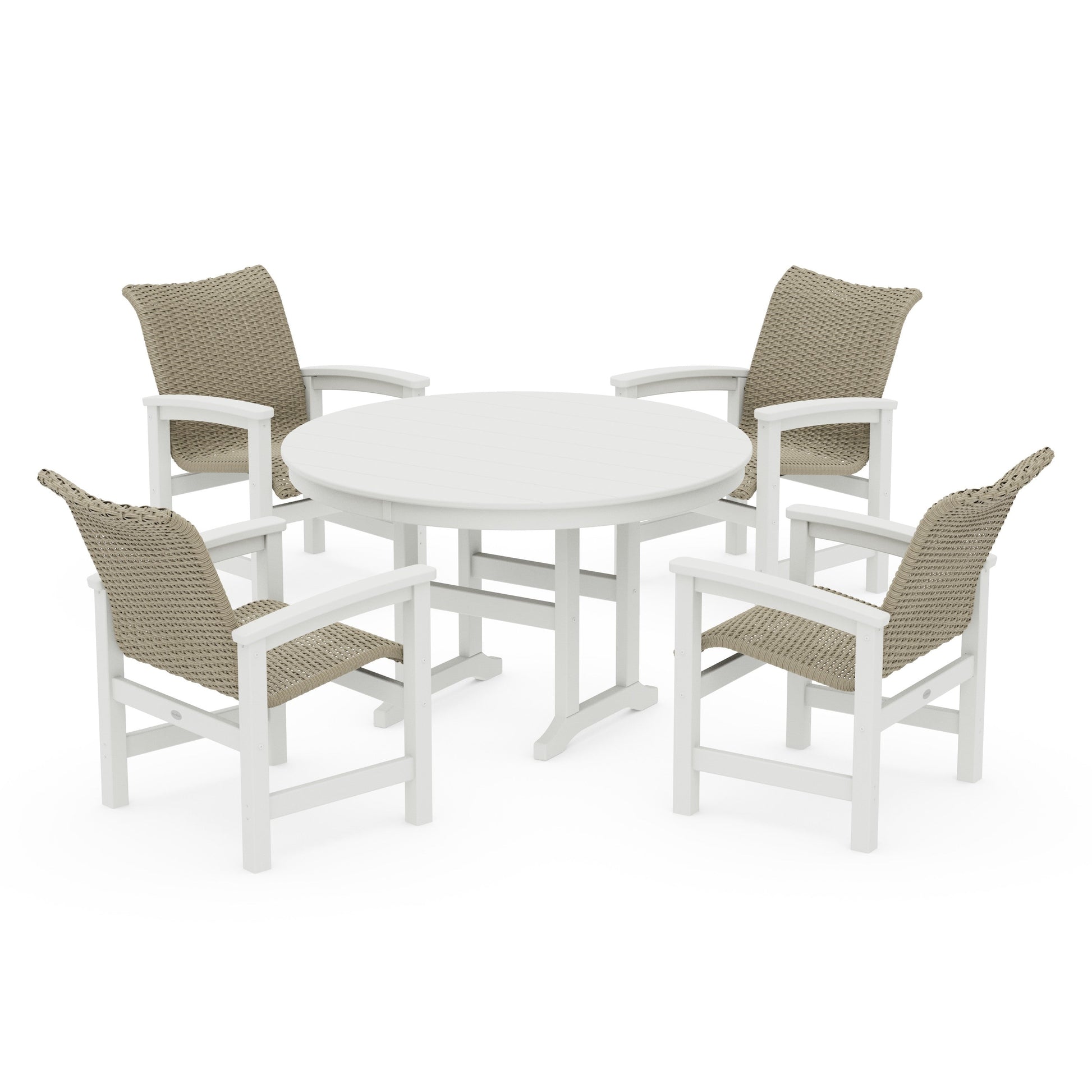 POLYWOOD Coastal Woven 5-Piece Round Farmhouse Dining Set — White / Dune Grass
