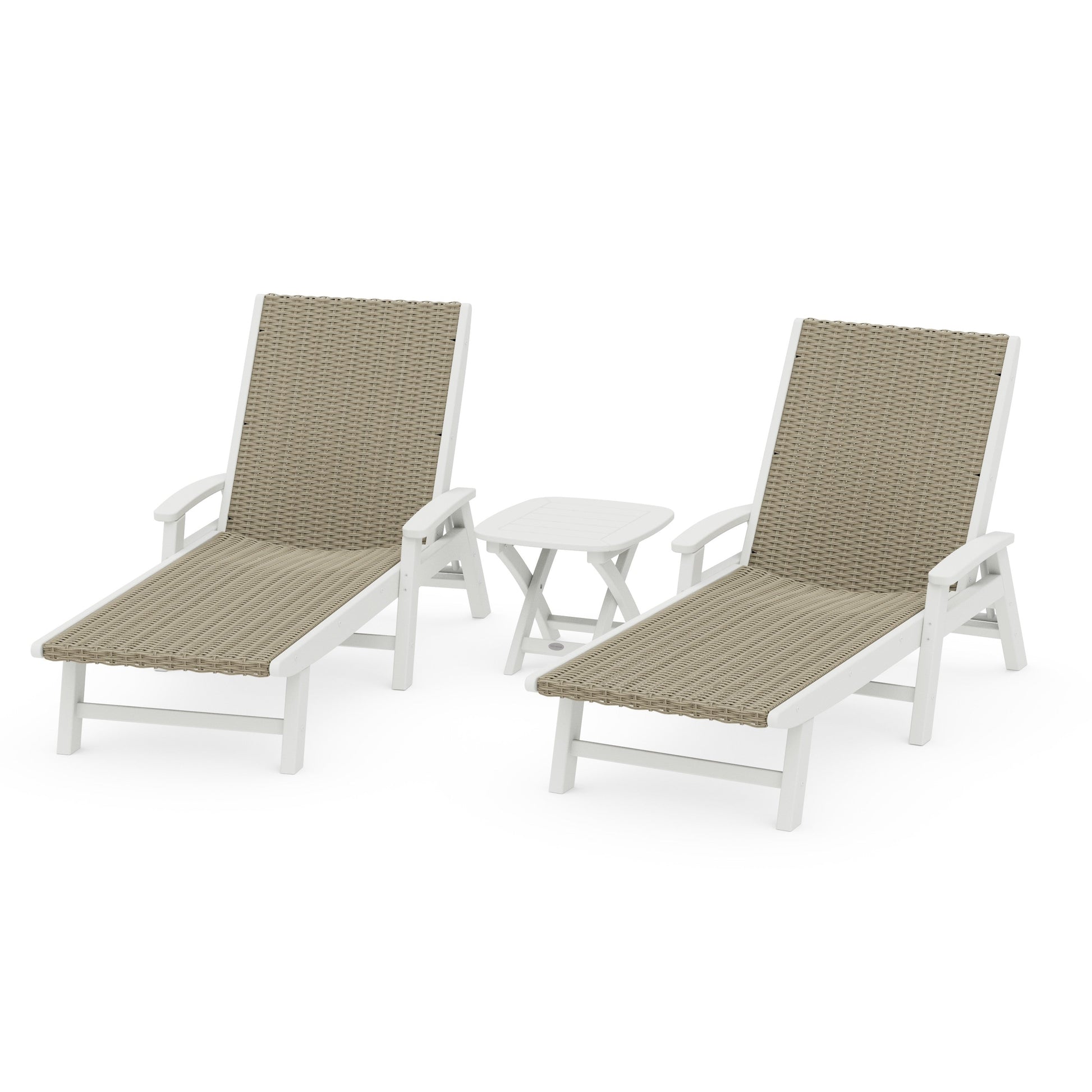 POLYWOOD 3 - Piece Coastal Woven Chaise with Arms Chaise Lounge Set — Vintage White / Dune Grass