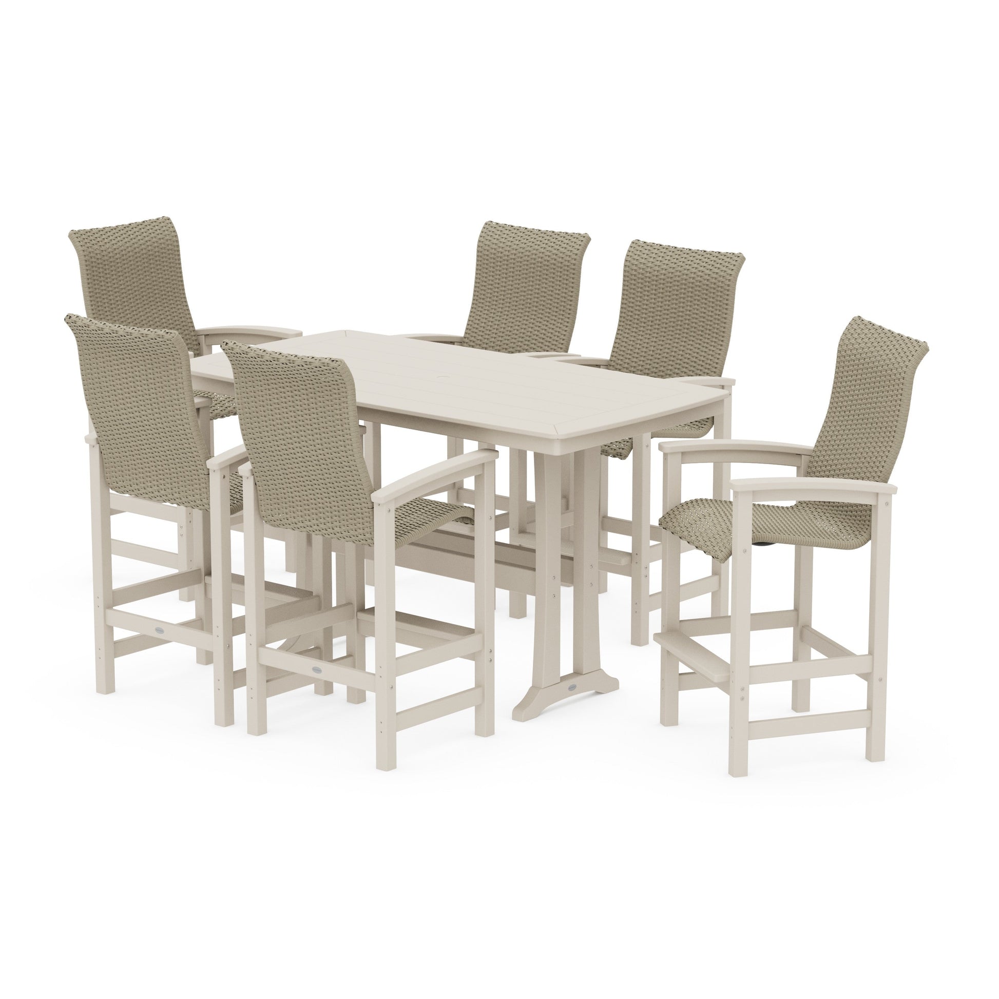 POLYWOOD Coastal Woven High-Back Arm Chair 7-Piece Bar Set with Trestle Legs — Sand / Dune Grass
