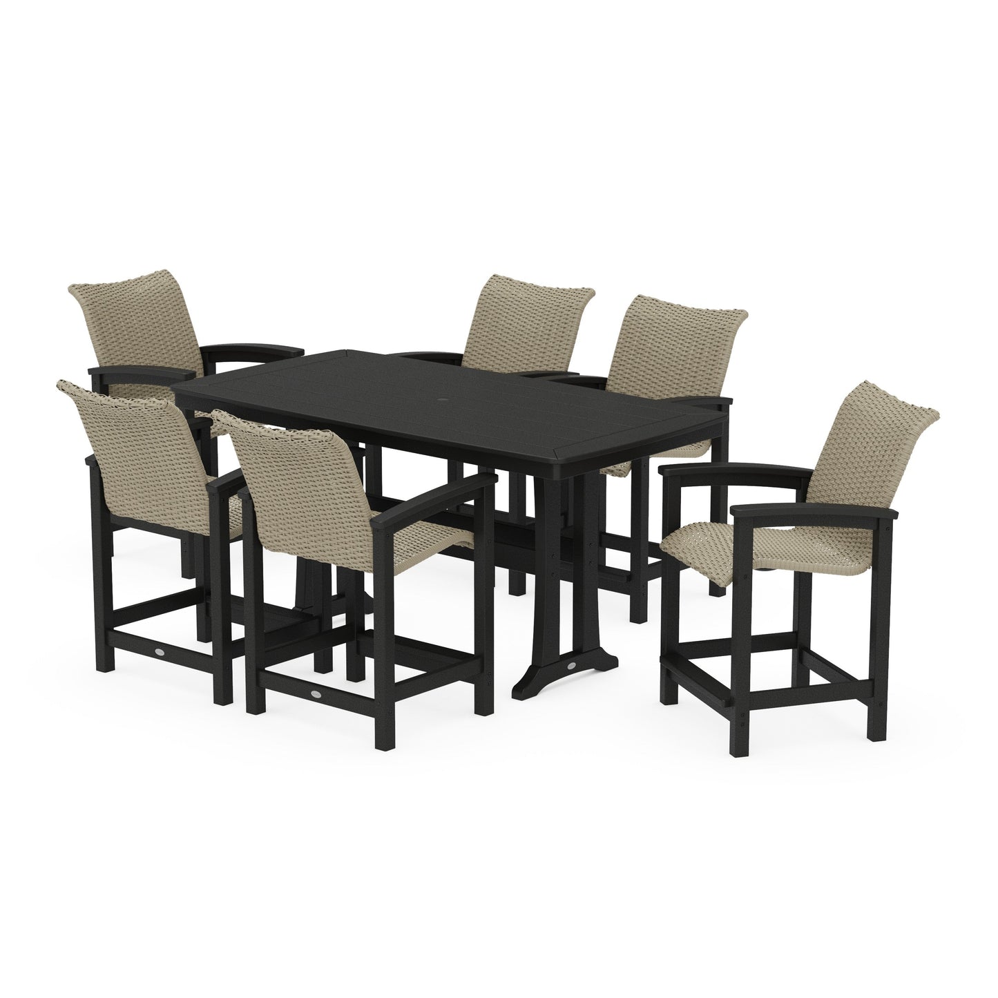 POLYWOOD Coastal Woven Arm Chair 7-Piece Counter Set with Trestle Legs — Black / Dune Grass