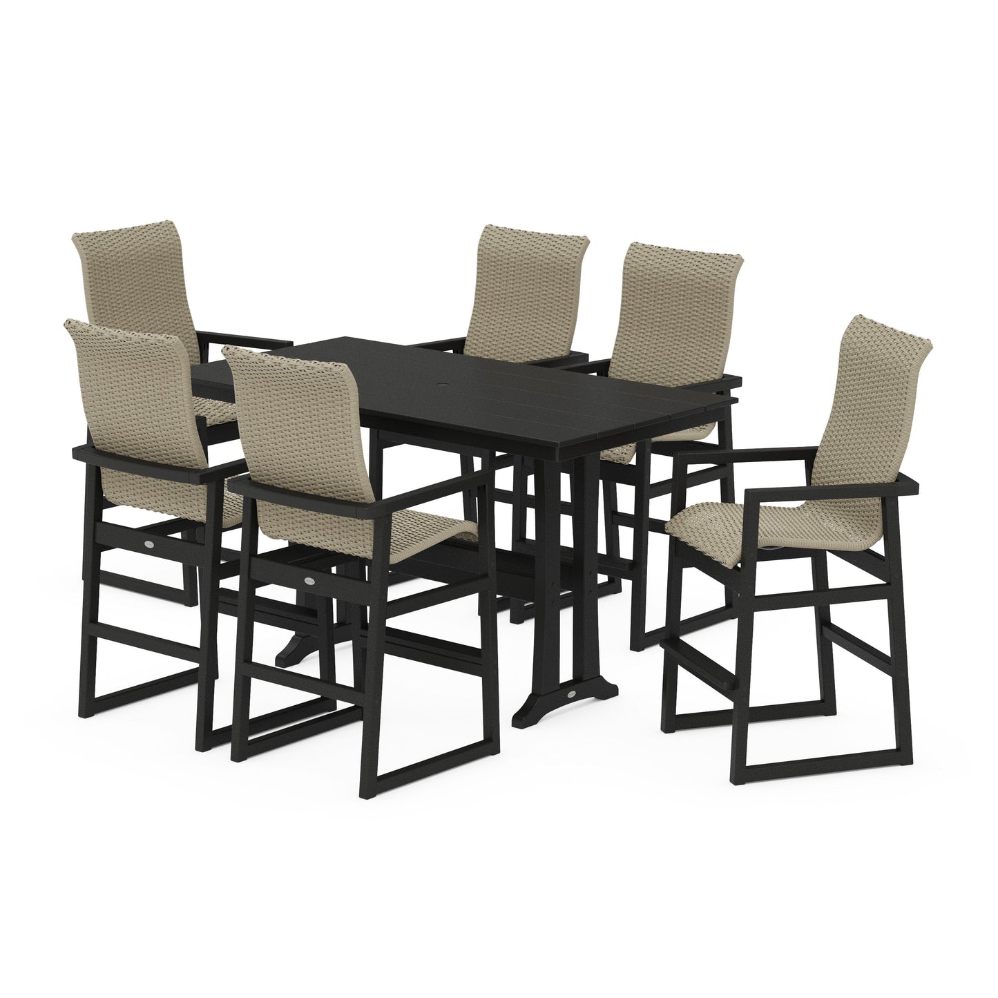 POLYWOOD EDGE Woven Highback Arm Chair 7-Piece Farmhouse Bar Set with Trestle Legs — Black / Dune Grass