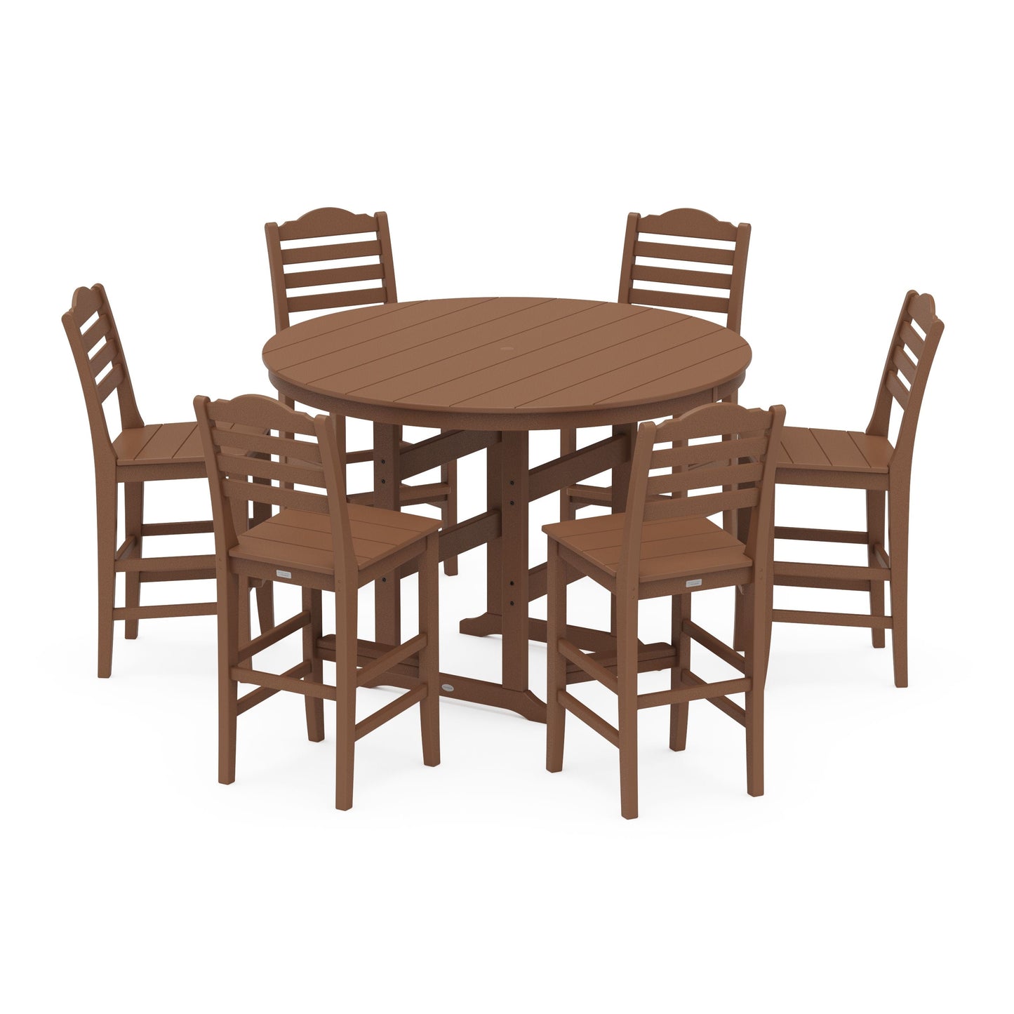 POLYWOOD Savannah 7-Piece Farmhouse Side Chair Round Bar Set — Teak