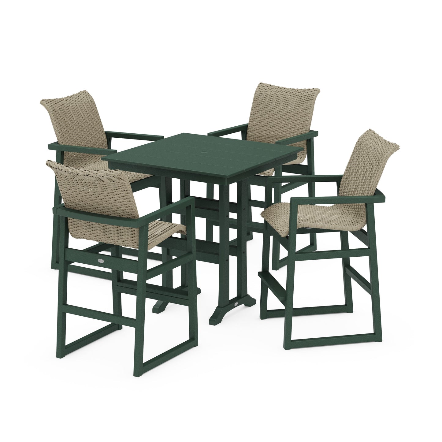 POLYWOOD EDGE Woven 5-Piece Farmhouse Bar Set with Trestle Legs — Green / Dune Grass