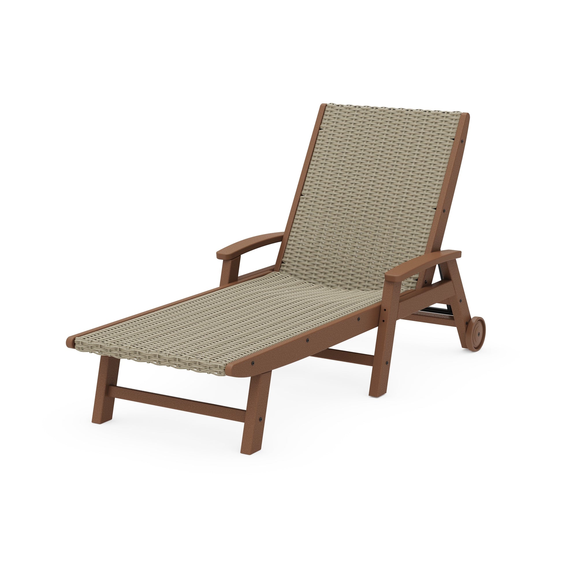 POLYWOOD Coastal Woven Chaise with Arms and Wheels — Teak / Dune Grass