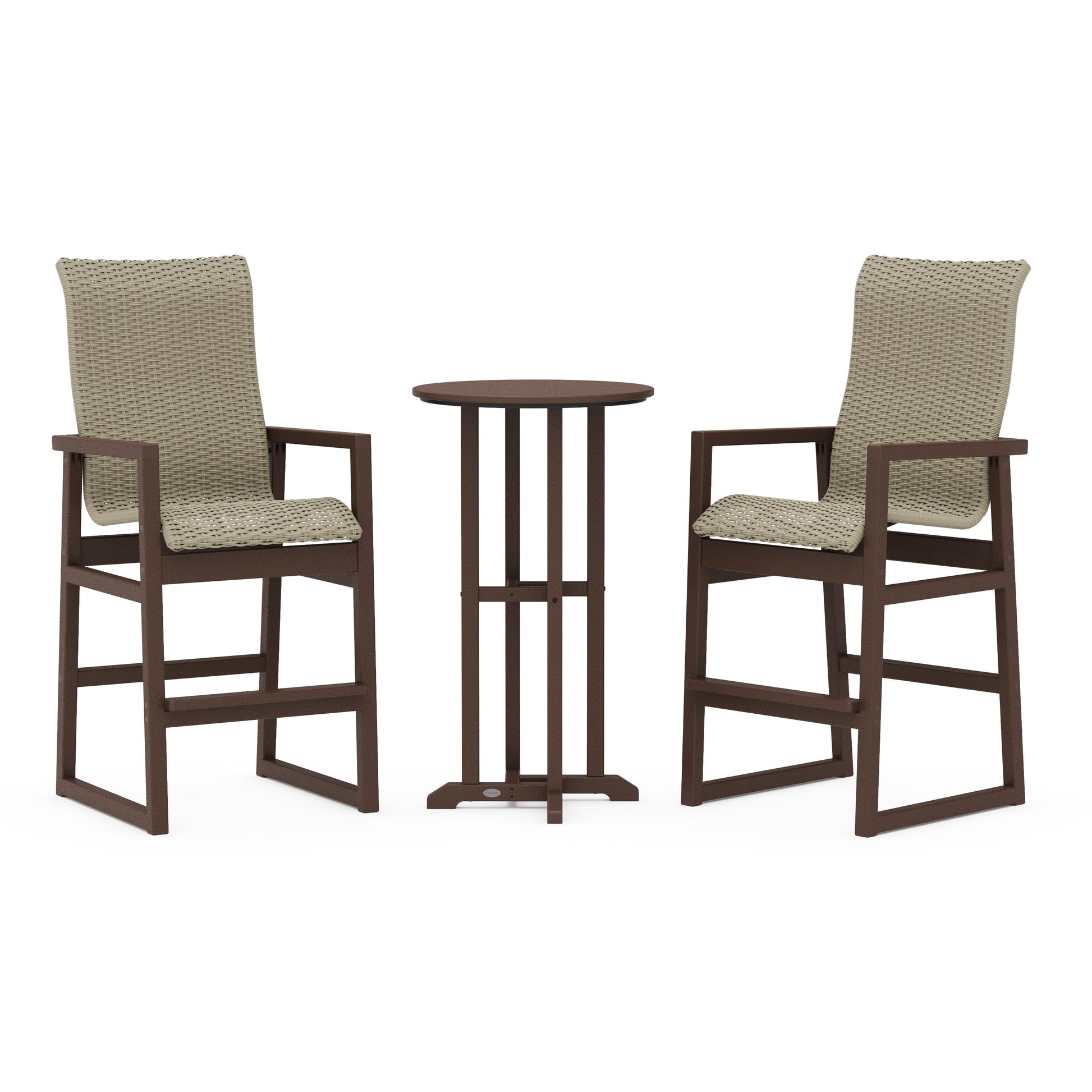 POLYWOOD EDGE Woven Highback 3-Piece Farmhouse Bar Set — Mahogany / Dune Grass