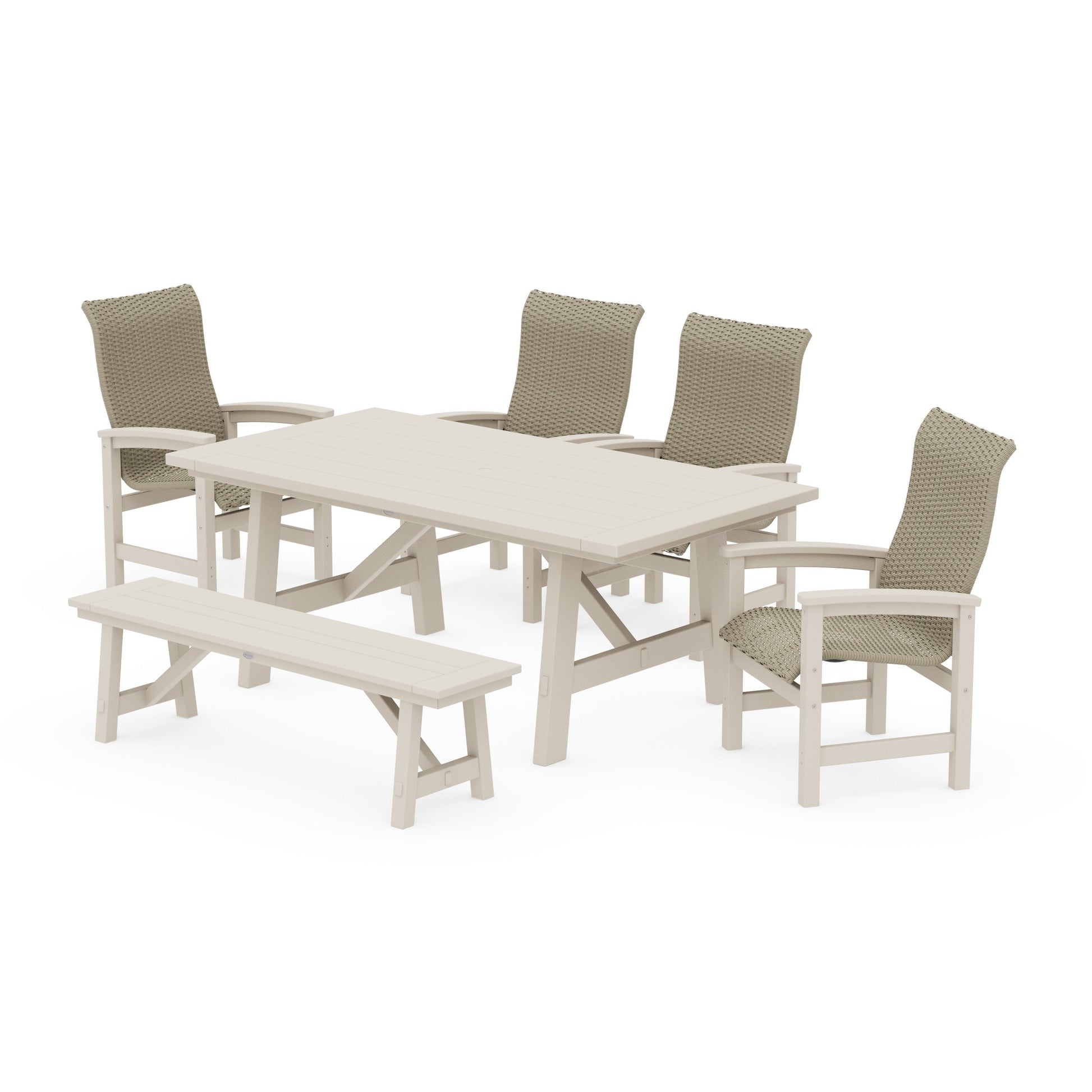 POLYWOOD Coastal Woven High-Back 6-Piece Rustic Farmhouse Dining Set with Bench — Sand / Dune Grass