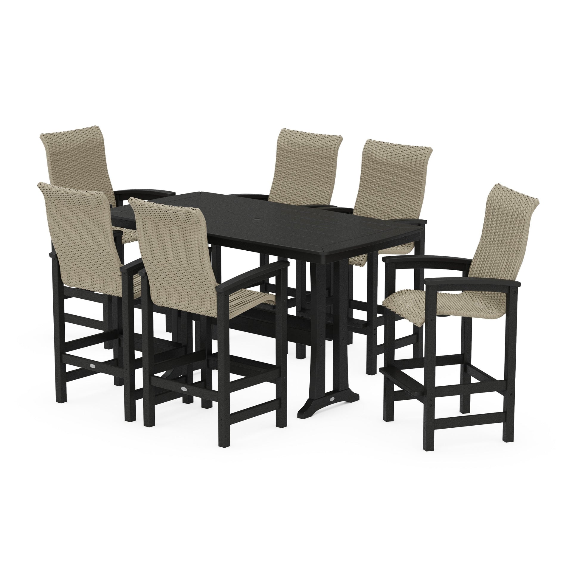 POLYWOOD Coastal Woven High-Back Arm Chair 7-Piece Bar Set with Trestle Legs — Black / Dune Grass