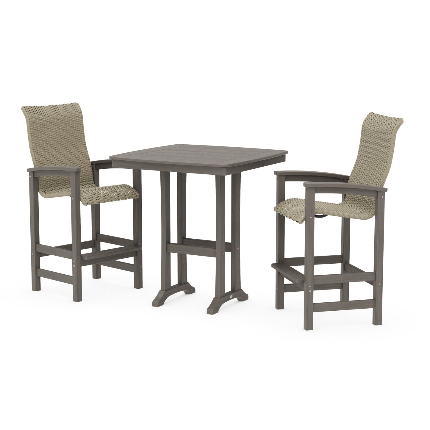 POLYWOOD Coastal Woven High-Back 3-Piece Bar Set — Driftwood / Dune Grass
