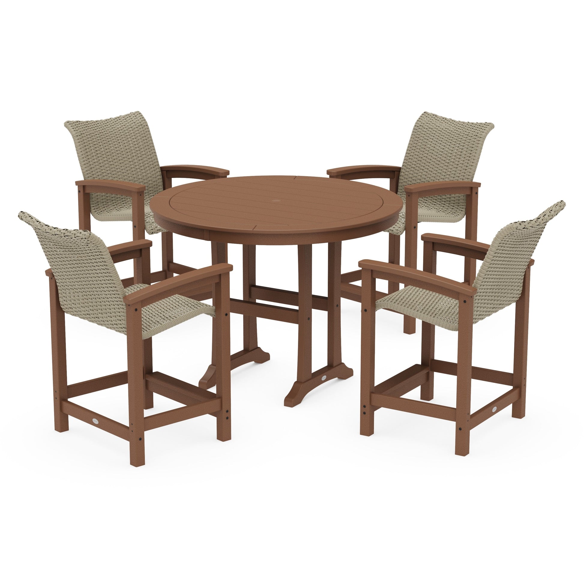 POLYWOOD Coastal Woven 5-Piece Round Counter Set — Teak / Dune Grass