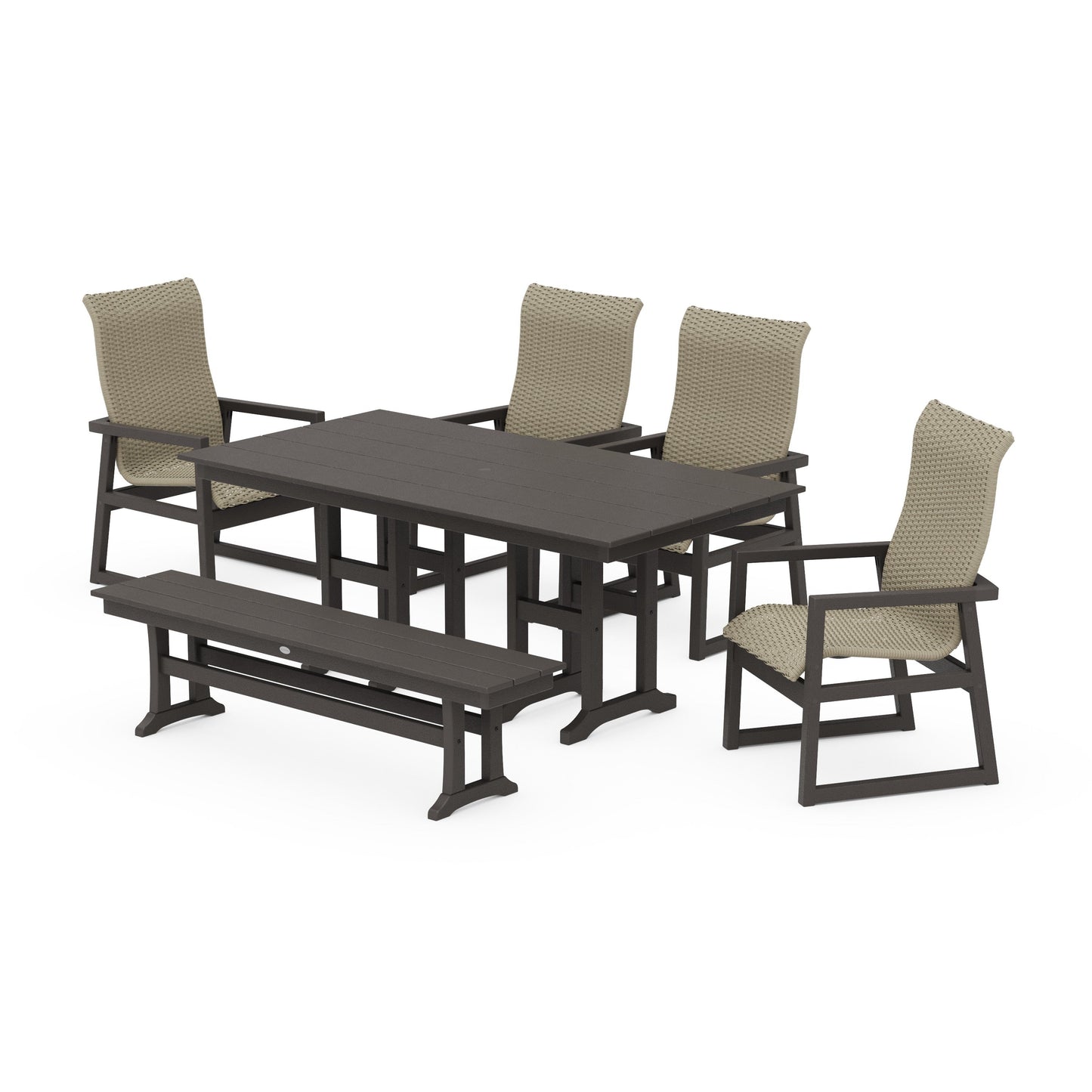 POLYWOOD EDGE Woven Highback 6-Piece Farmhouse Dining Set with Bench — Vintage Coffee / Dune Grass