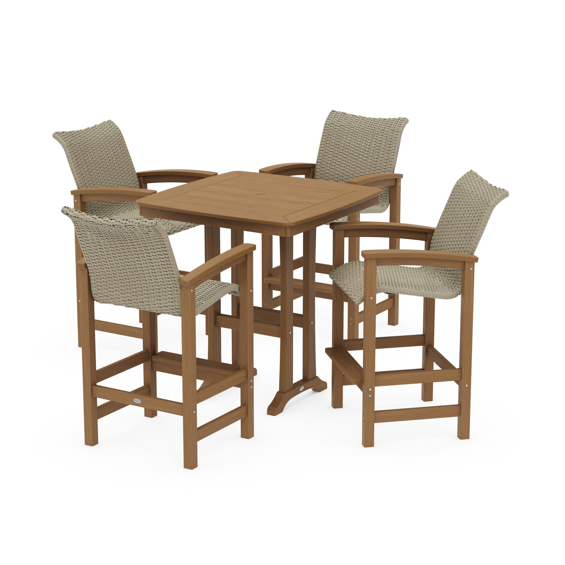 POLYWOOD Coastal Woven 5-Piece Bar Set with Trestle Legs — Natural / Dune Grass
