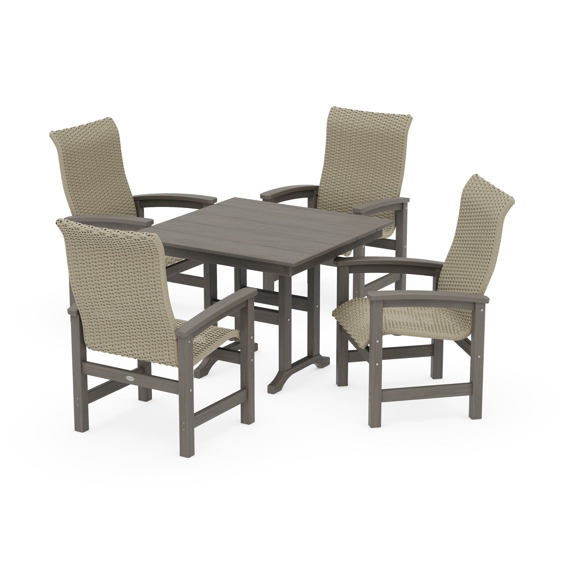 POLYWOOD Coastal Woven High-Back 5-Piece Farmhouse Dining Set — Driftwood / Dune Grass