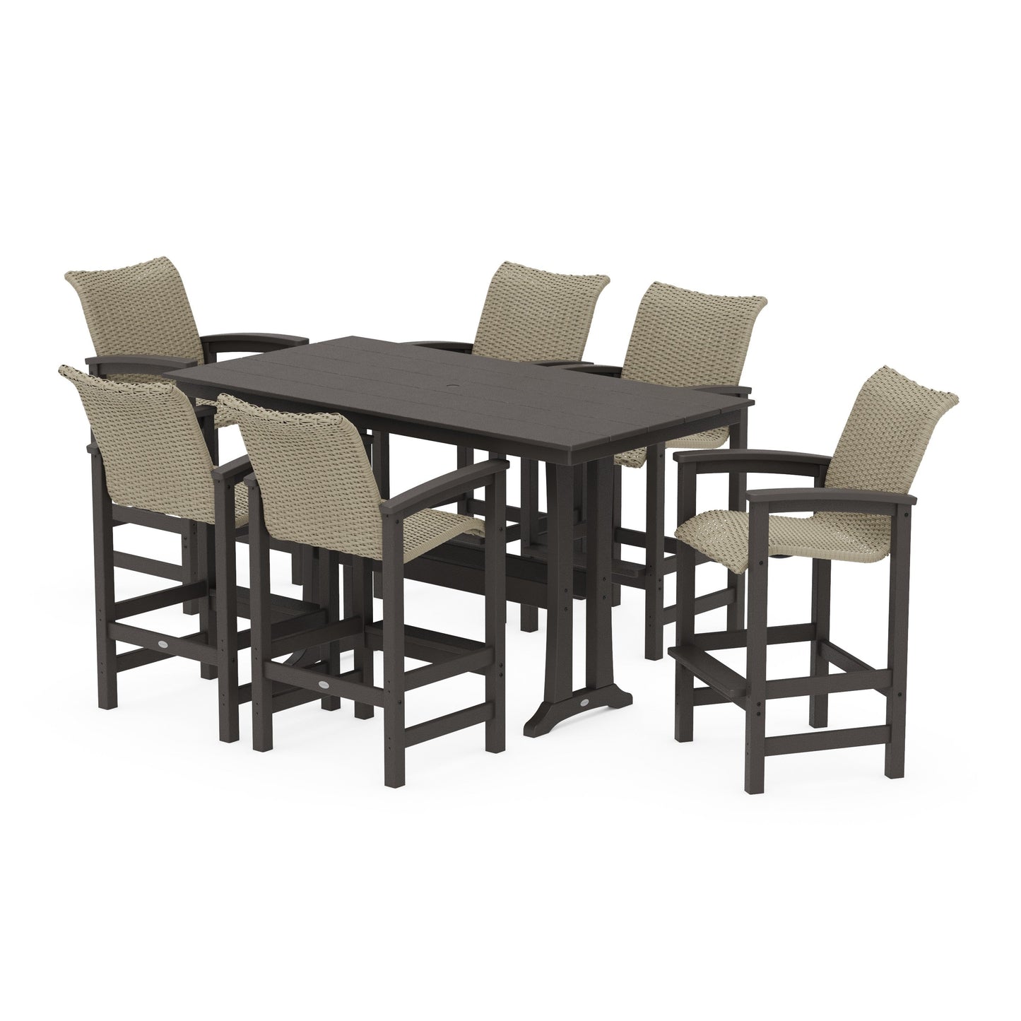 POLYWOOD Coastal Woven Arm Chair 7-Piece Farmhouse Bar Set with Trestle Legs — Vintage Coffee / Dune Grass
