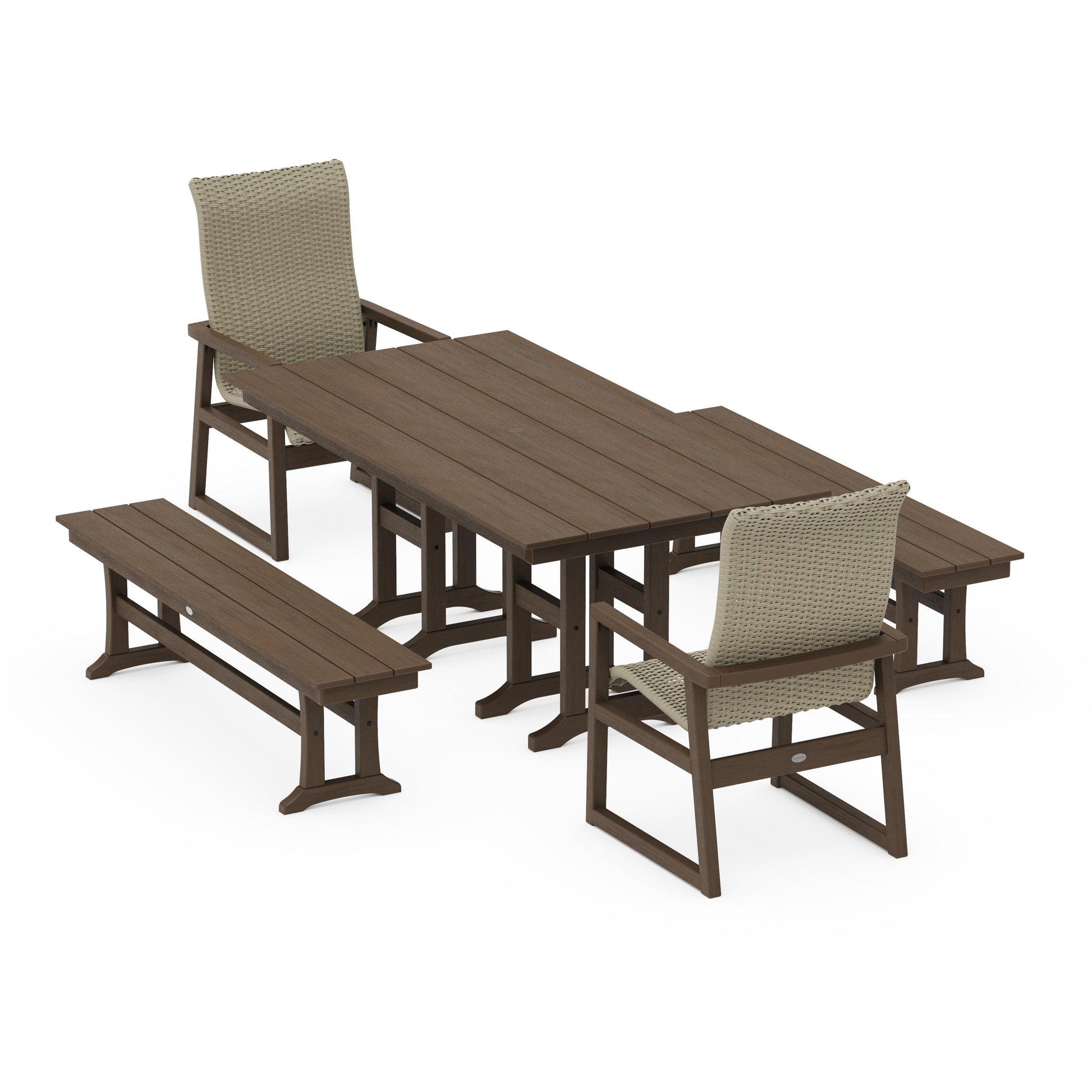 POLYWOOD EDGE Woven Highback 5-Piece Farmhouse Dining Set with Benches — Kona / Dune Grass