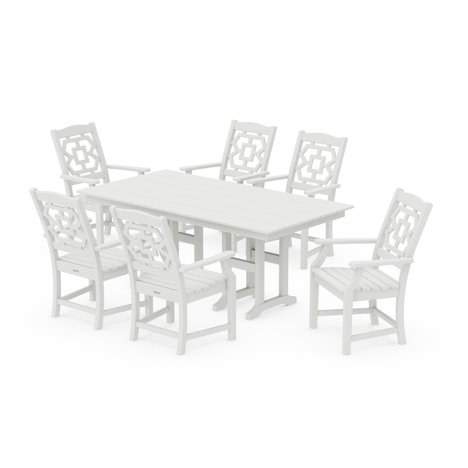 POLYWOOD Chinoiserie Arm Chair 7-Piece Farmhouse Dining Set — Vintage White