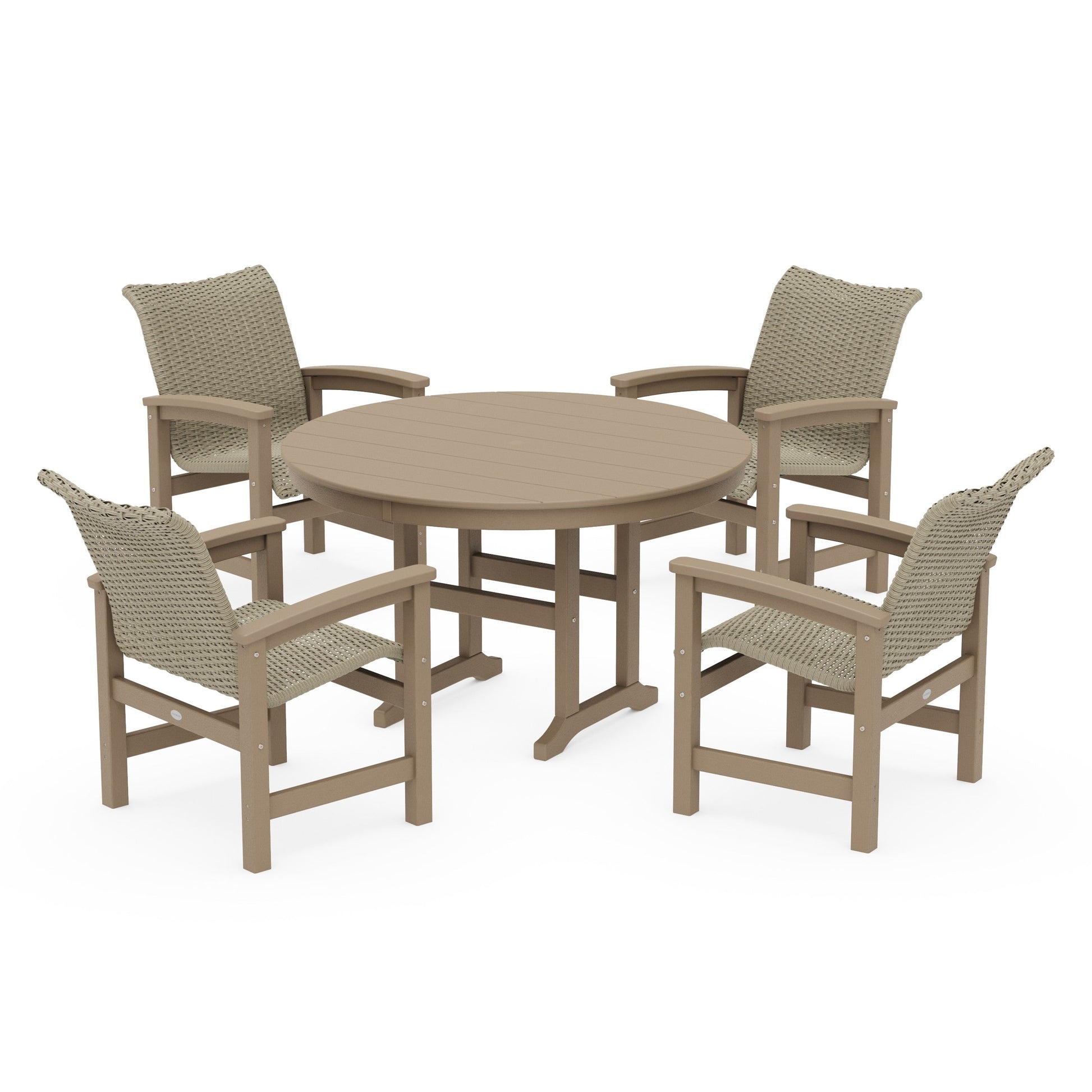 POLYWOOD Coastal Woven 5-Piece Round Farmhouse Dining Set — Vintage Sahara / Dune Grass
