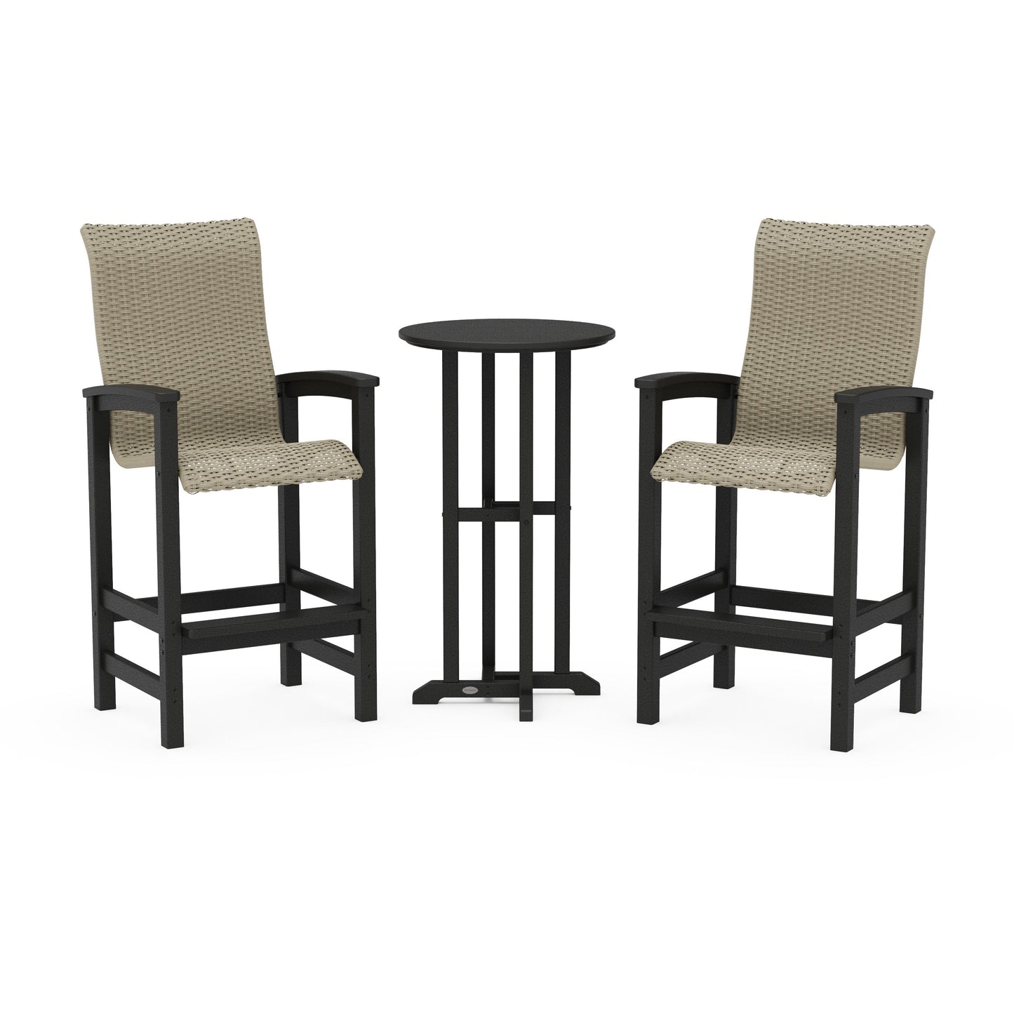 POLYWOOD Coastal Woven High-Back 3-Piece Farmhouse Bar Set — Black / Dune Grass