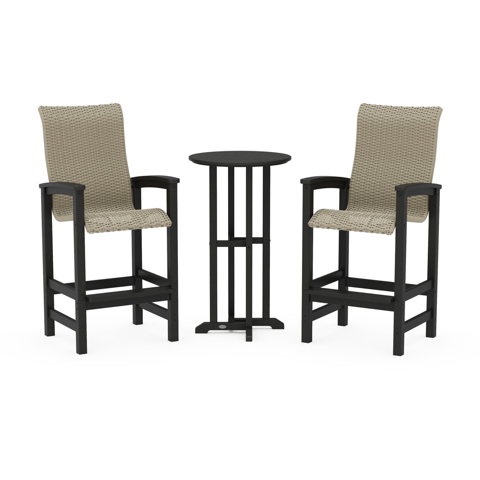 POLYWOOD Coastal Woven High-Back 3-Piece Farmhouse Bar Set — Black / Dune Grass