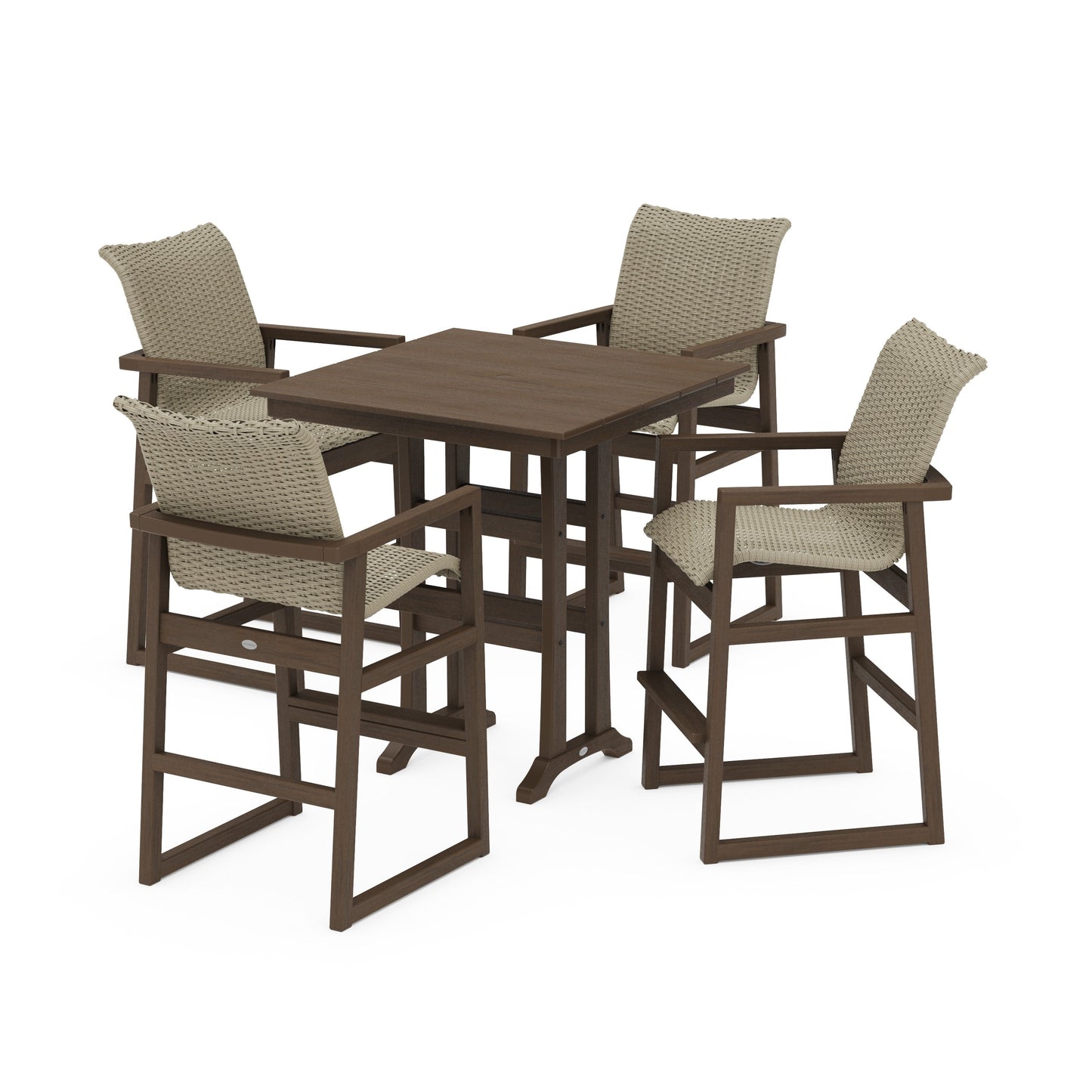 POLYWOOD EDGE Woven 5-Piece Farmhouse Bar Set with Trestle Legs — Kona / Dune Grass