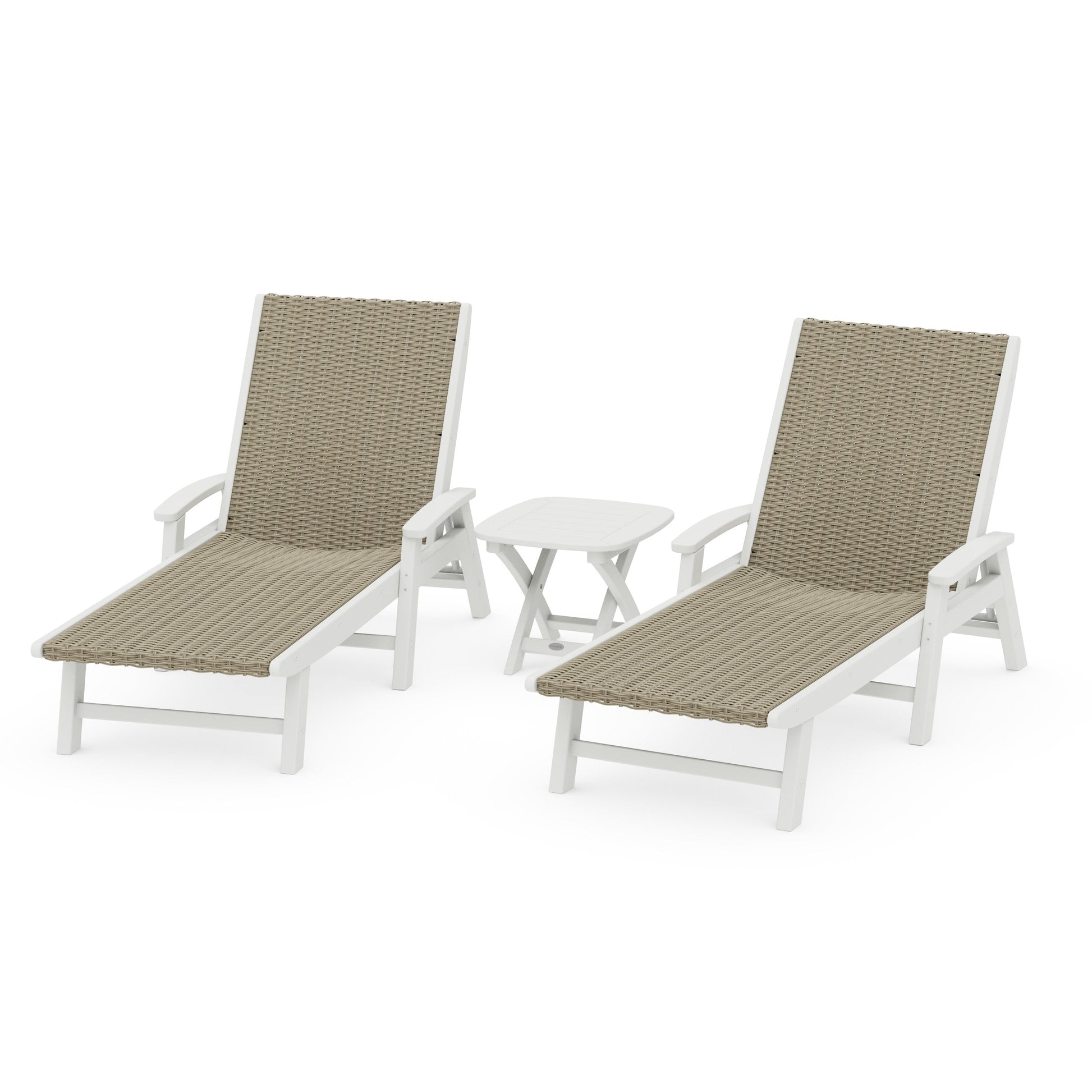 POLYWOOD 3 - Piece Coastal Woven Chaise with Arms Chaise Lounge Set — White / Dune Grass