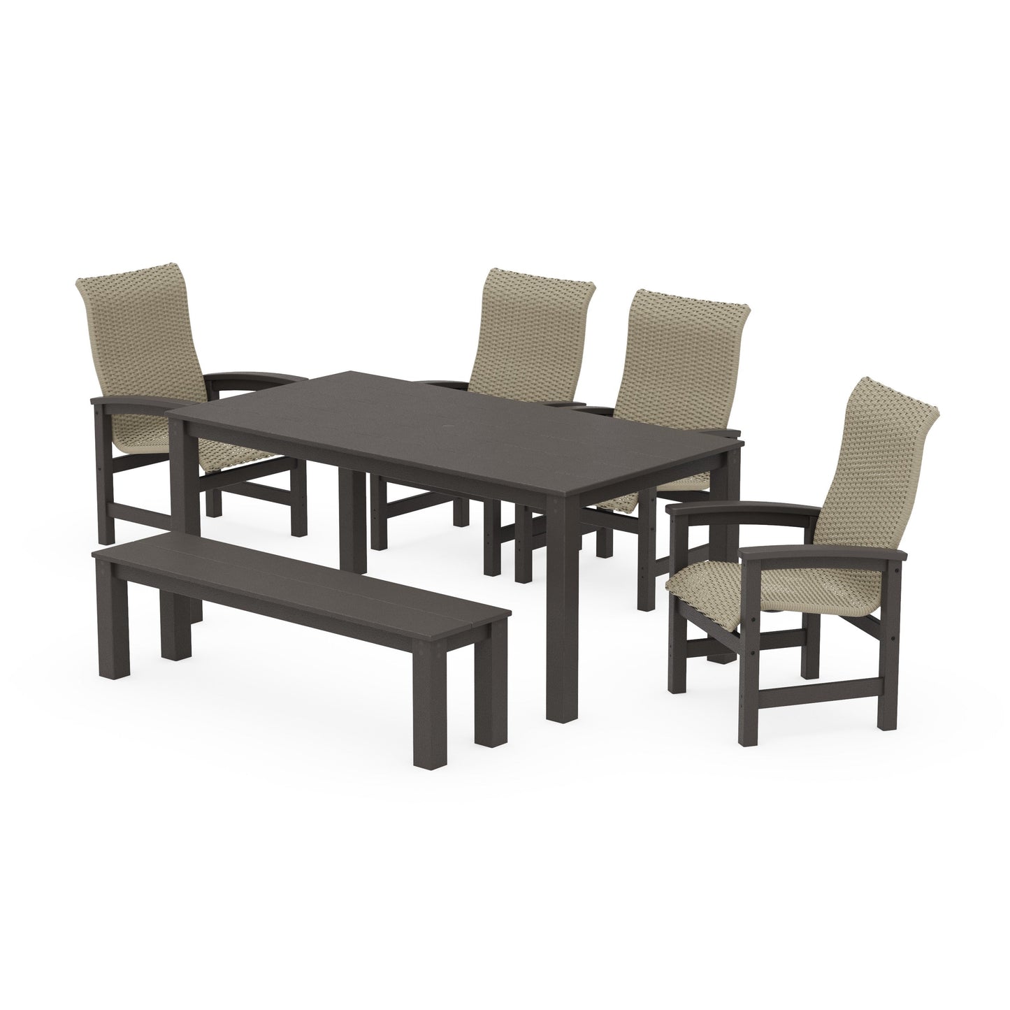 POLYWOOD Coastal Woven High-Back 6-Piece Parsons Dining Set with Bench — Vintage Coffee / Dune Grass
