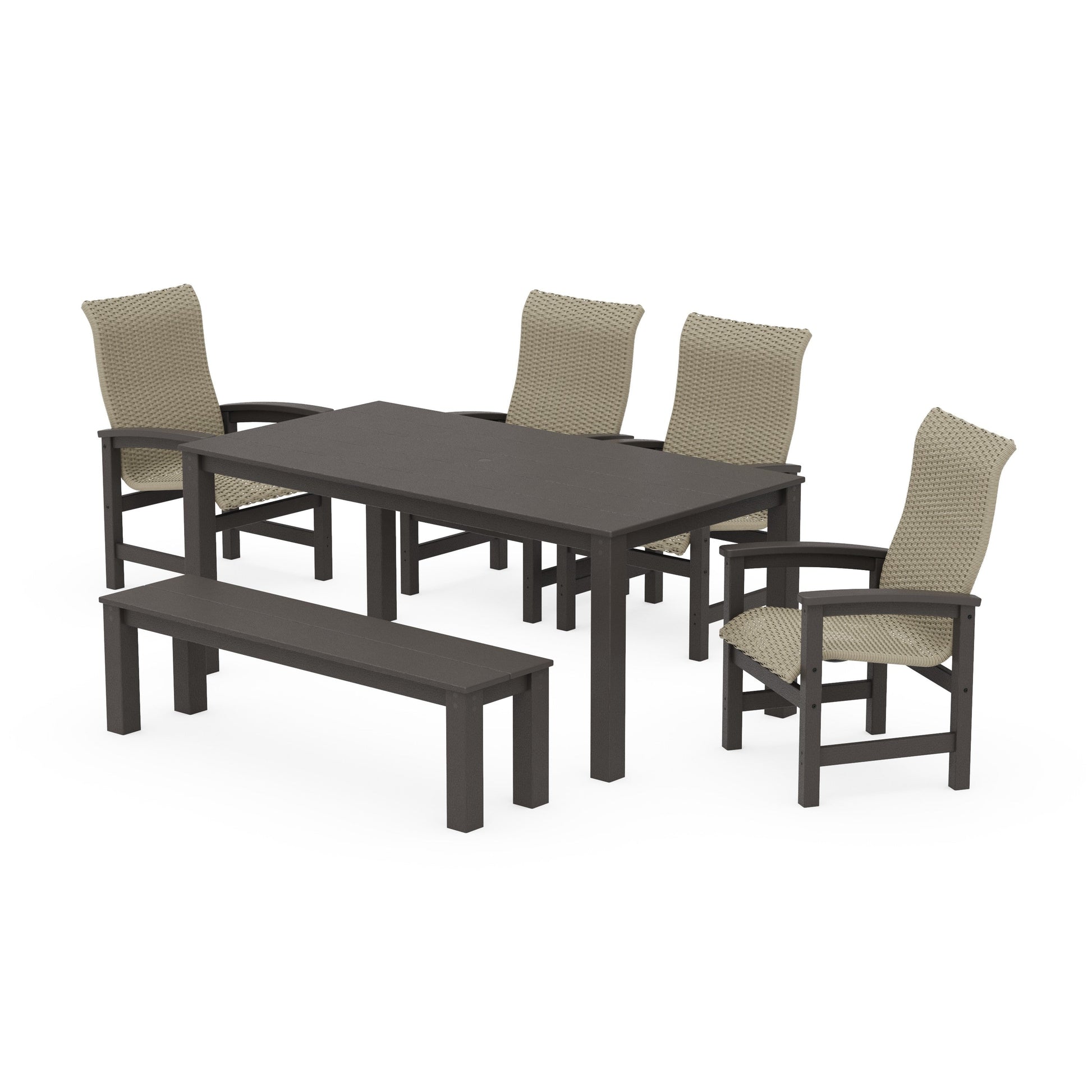 POLYWOOD Coastal Woven High-Back 6-Piece Parsons Dining Set with Bench — Vintage Coffee / Dune Grass