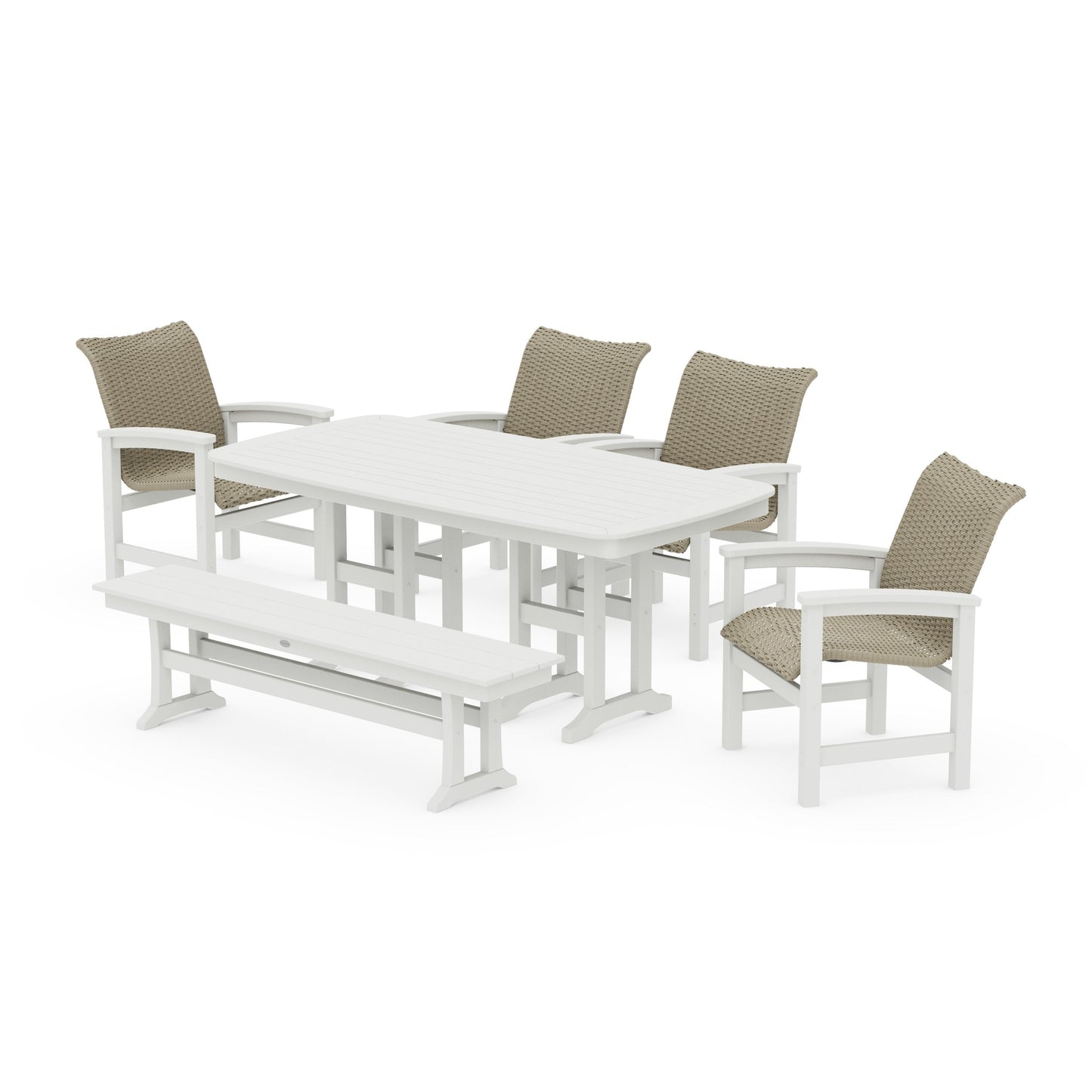 POLYWOOD Coastal Woven 6-Piece Farmhouse Dining Set with Bench — Vintage White / Dune Grass