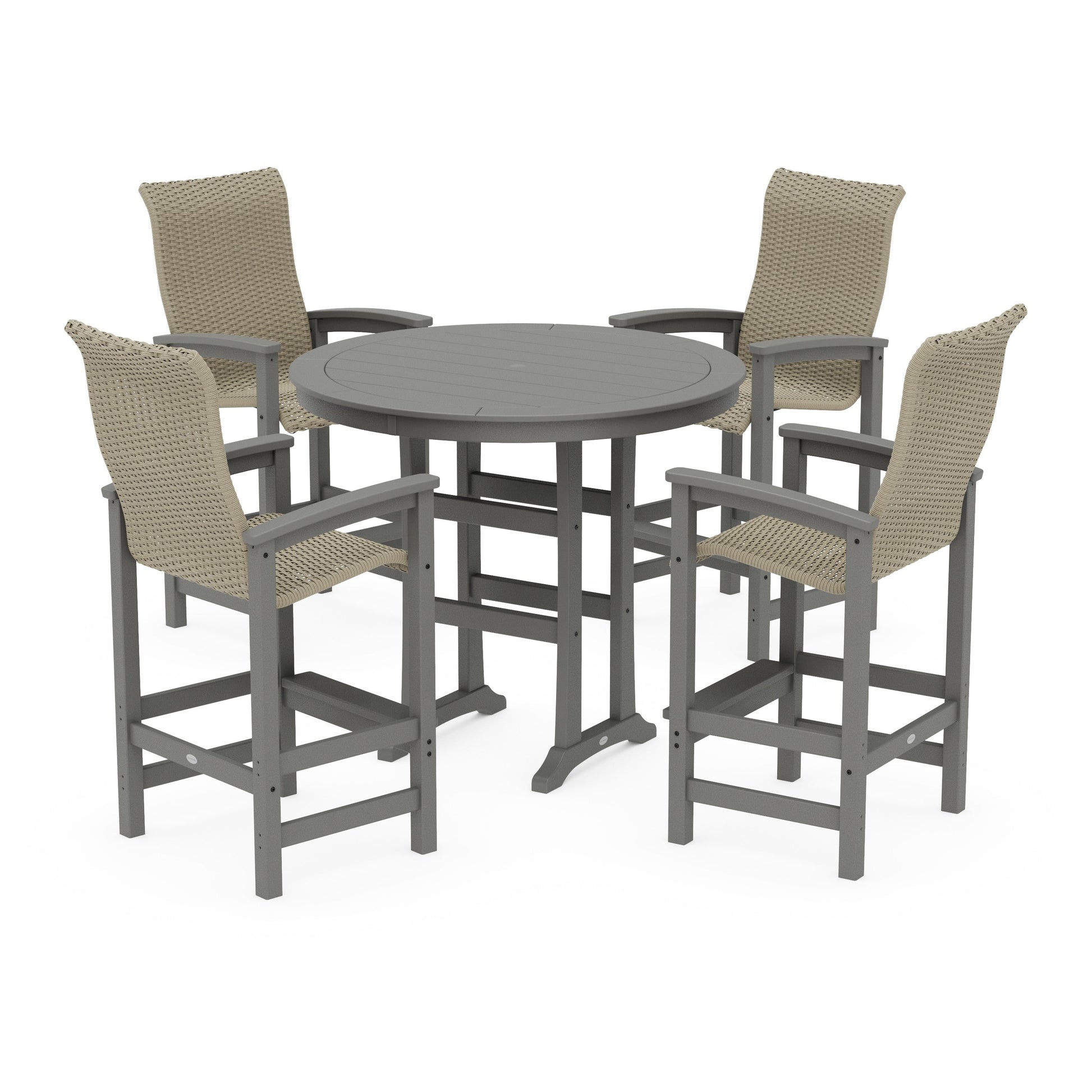 POLYWOOD Coastal Woven High-Back 5-Piece Round Bar Set — Slate Grey / Dune Grass