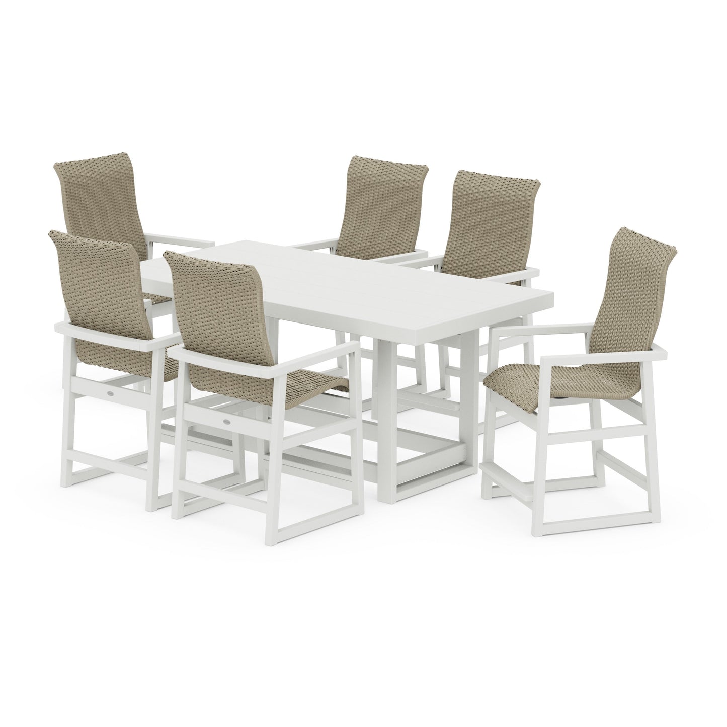 POLYWOOD EDGE Woven Highback Arm Chair 7-Piece Counter Set — Vintage White / Dune Grass