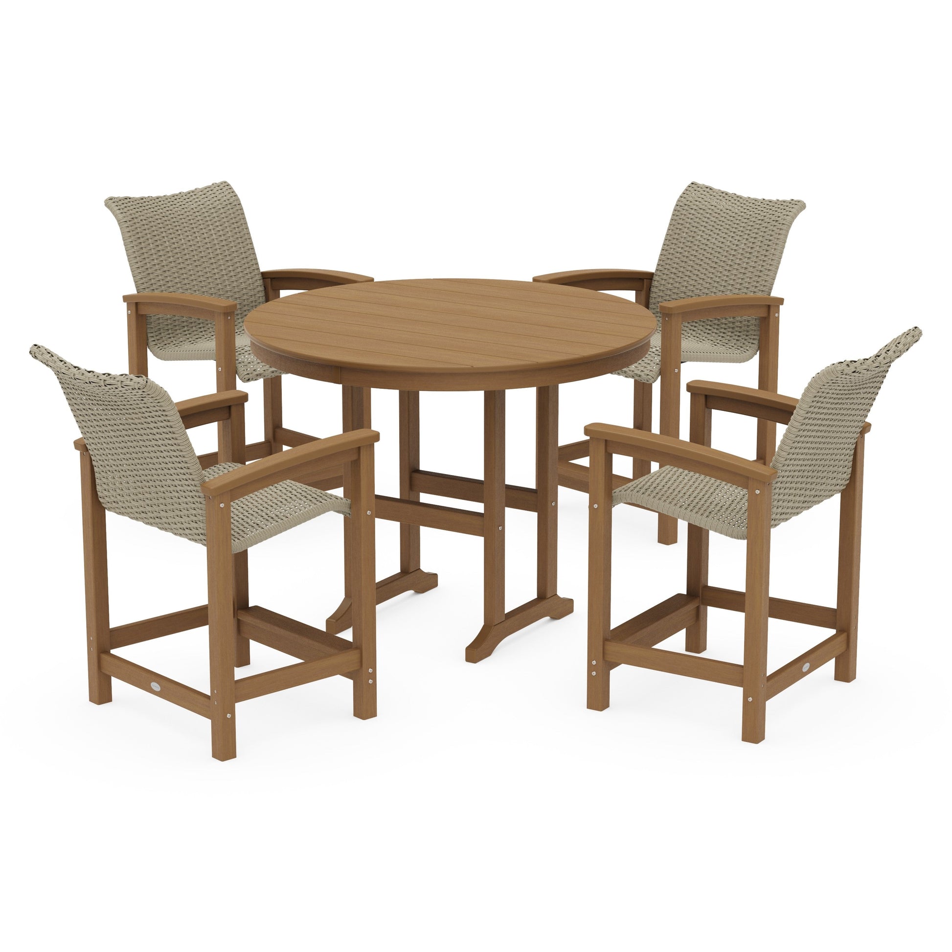 POLYWOOD Coastal Woven 5-Piece Round Farmhouse Counter Set — Natural / Dune Grass