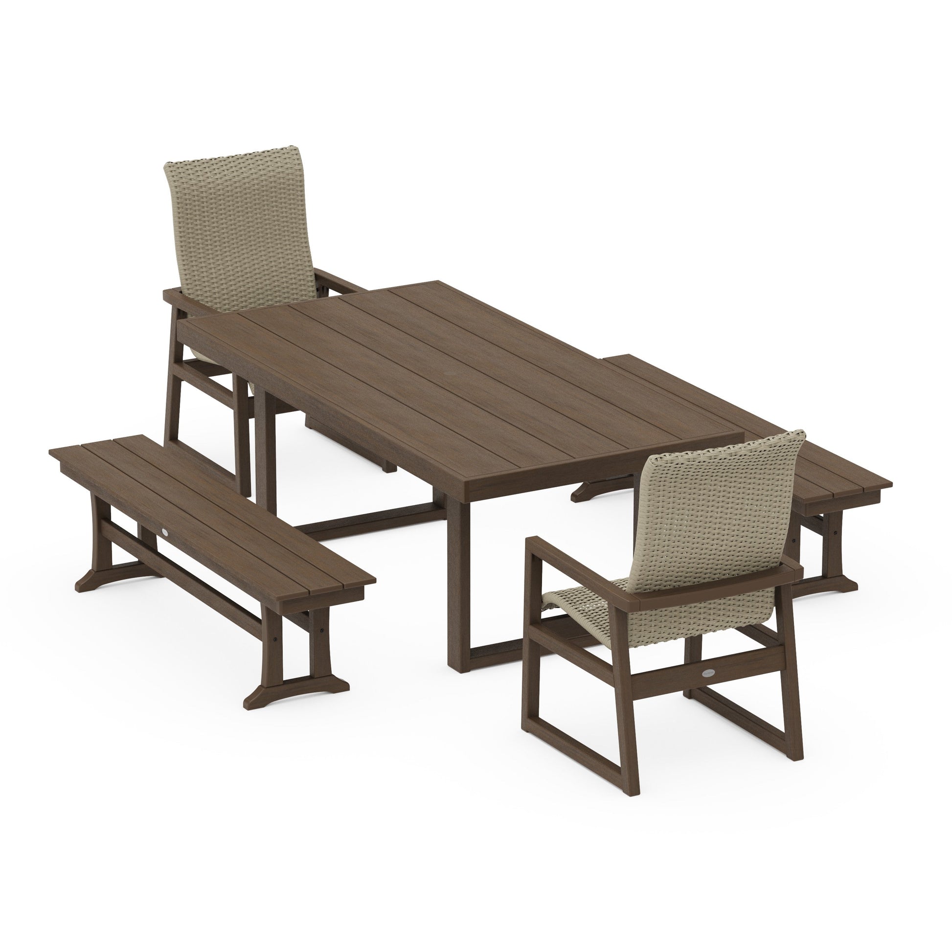 POLYWOOD EDGE Woven Highback 5-Piece Dining Set with Benches — Kona / Dune Grass