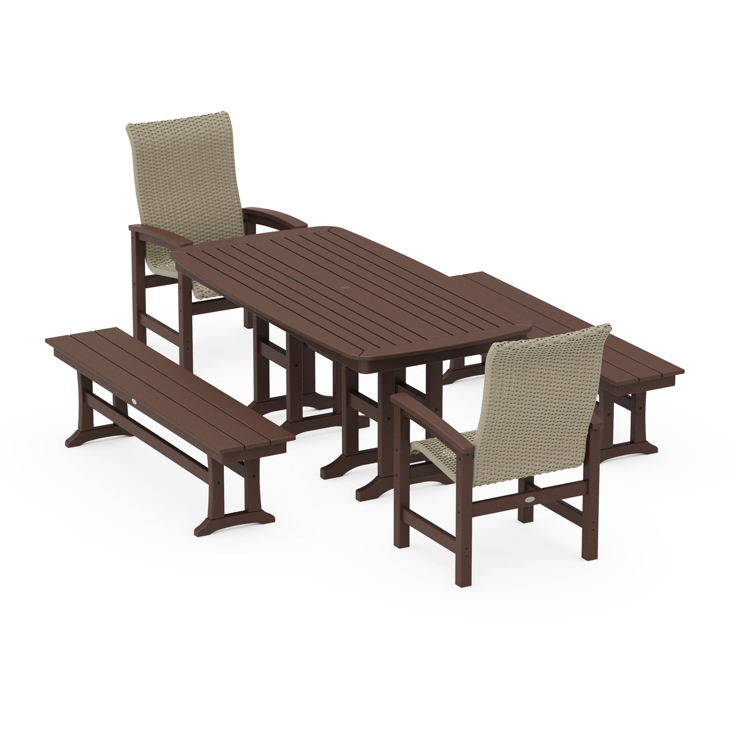 POLYWOOD Coastal Woven High-Back 5-Piece Dining Set with Benches — Mahogany / Dune Grass