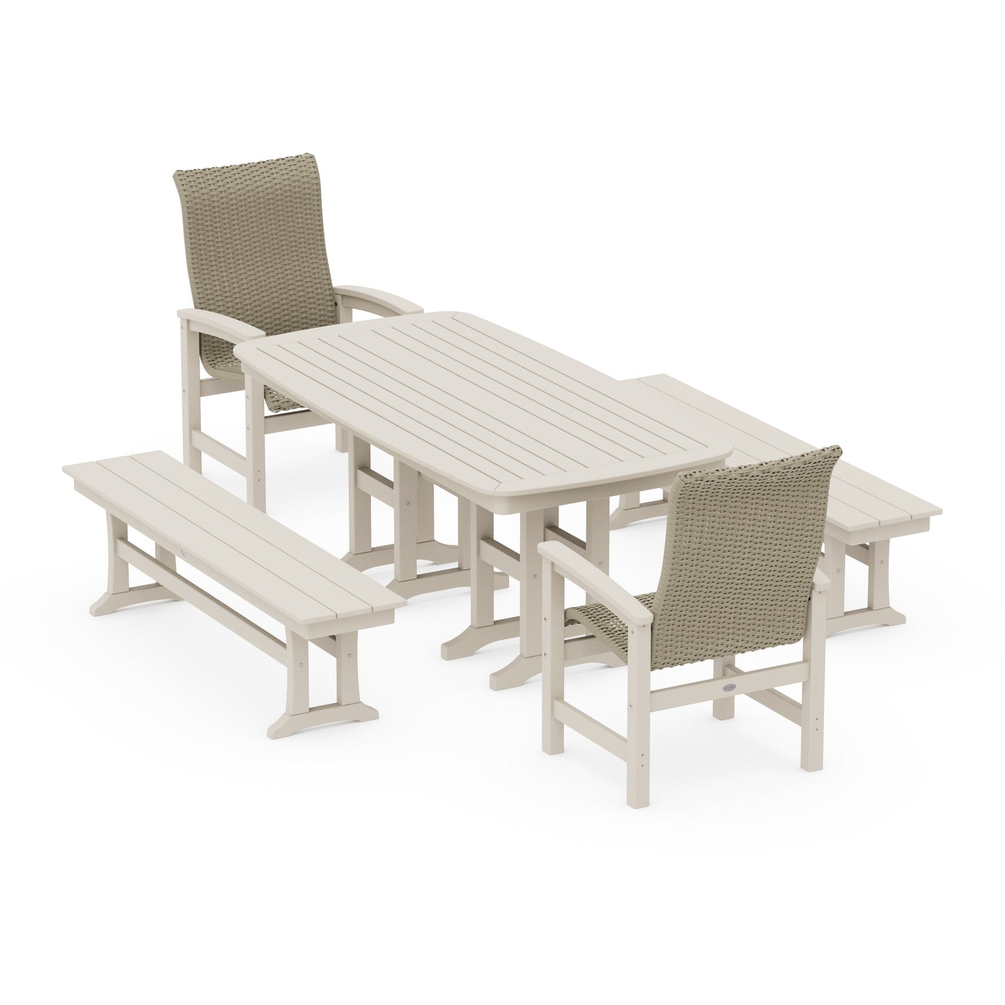 POLYWOOD Coastal Woven High-Back 5-Piece Dining Set with Benches — Sand / Dune Grass