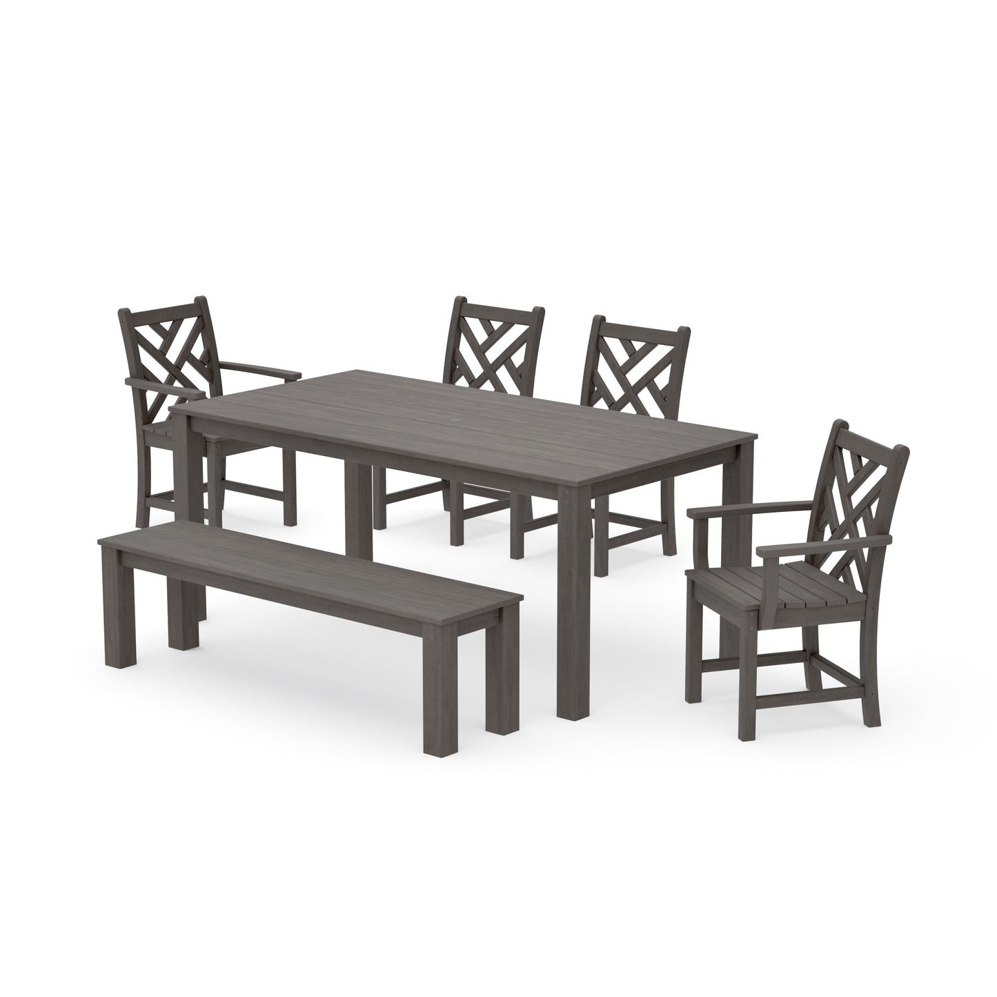 POLYWOOD Chippendale 6-Piece Parsons Dining Set with Bench — Driftwood