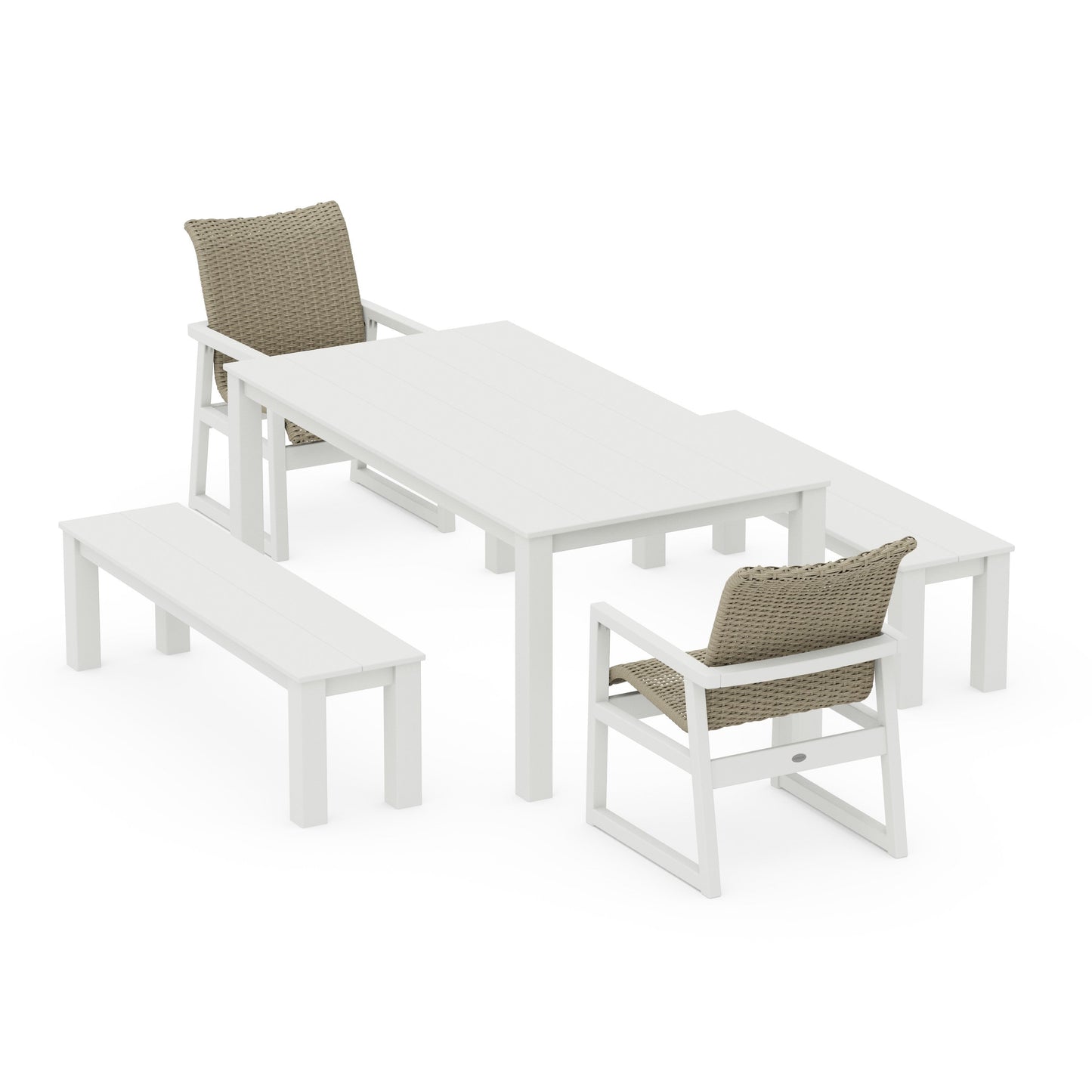 POLYWOOD EDGE Woven 5-Piece Parsons Dining Set with Benches — White / Dune Grass