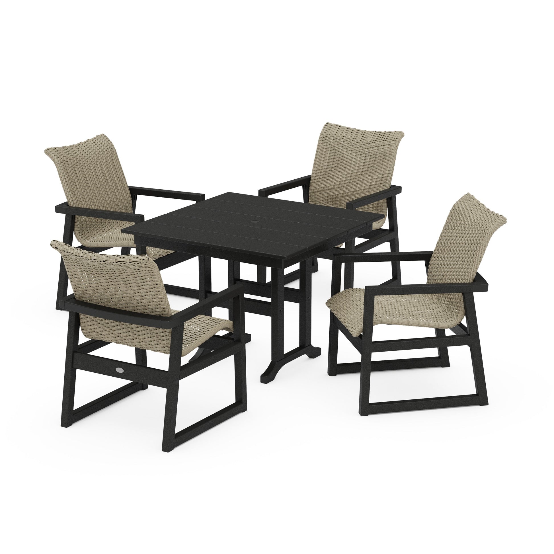 POLYWOOD EDGE Woven 5-Piece Farmhouse Dining Set — Black / Dune Grass