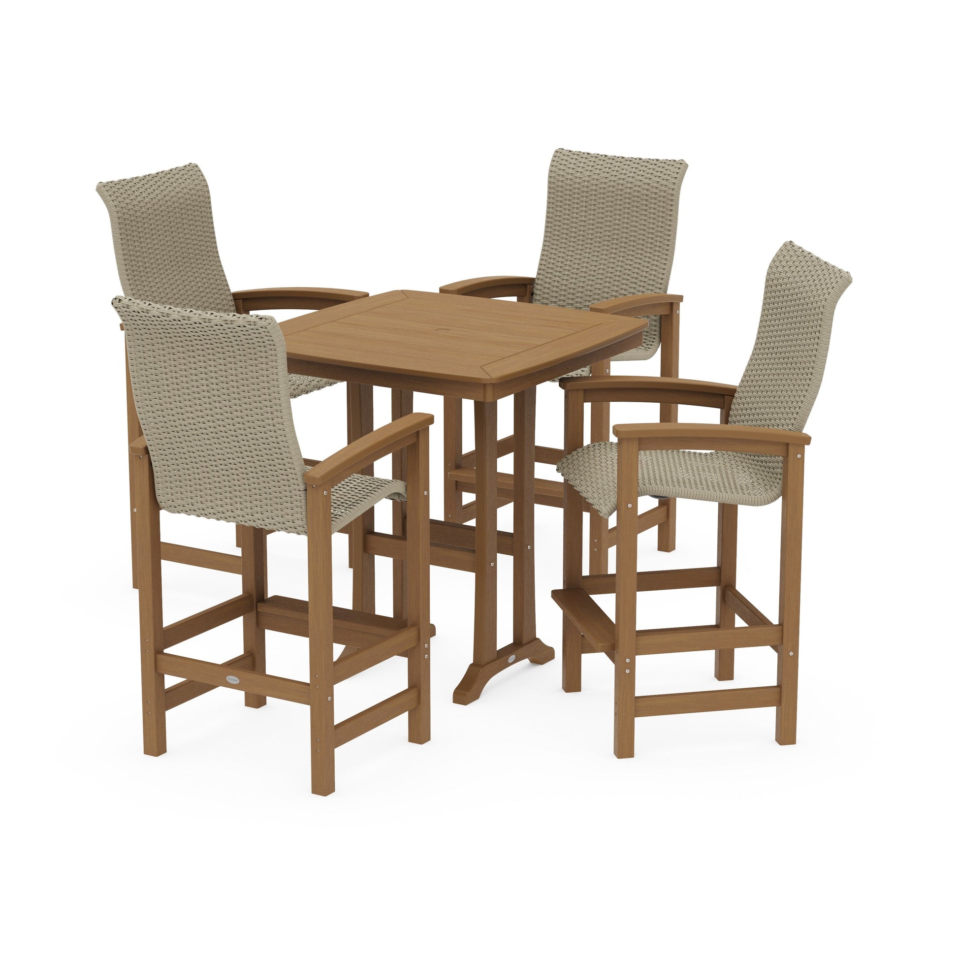 POLYWOOD Coastal Woven High-Back 5-Piece Bar Set with Trestle Legs — Natural / Dune Grass