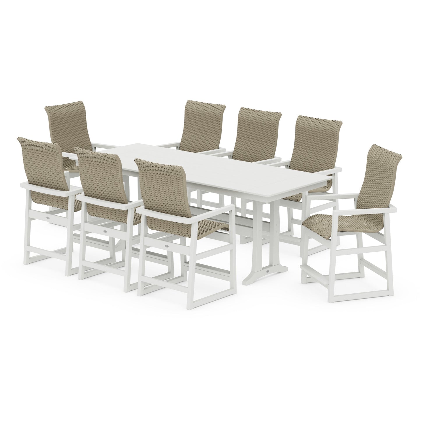POLYWOOD EDGE Woven Highback 9-Piece Farmhouse Counter Set with Trestle Legs — Vintage White / Dune Grass