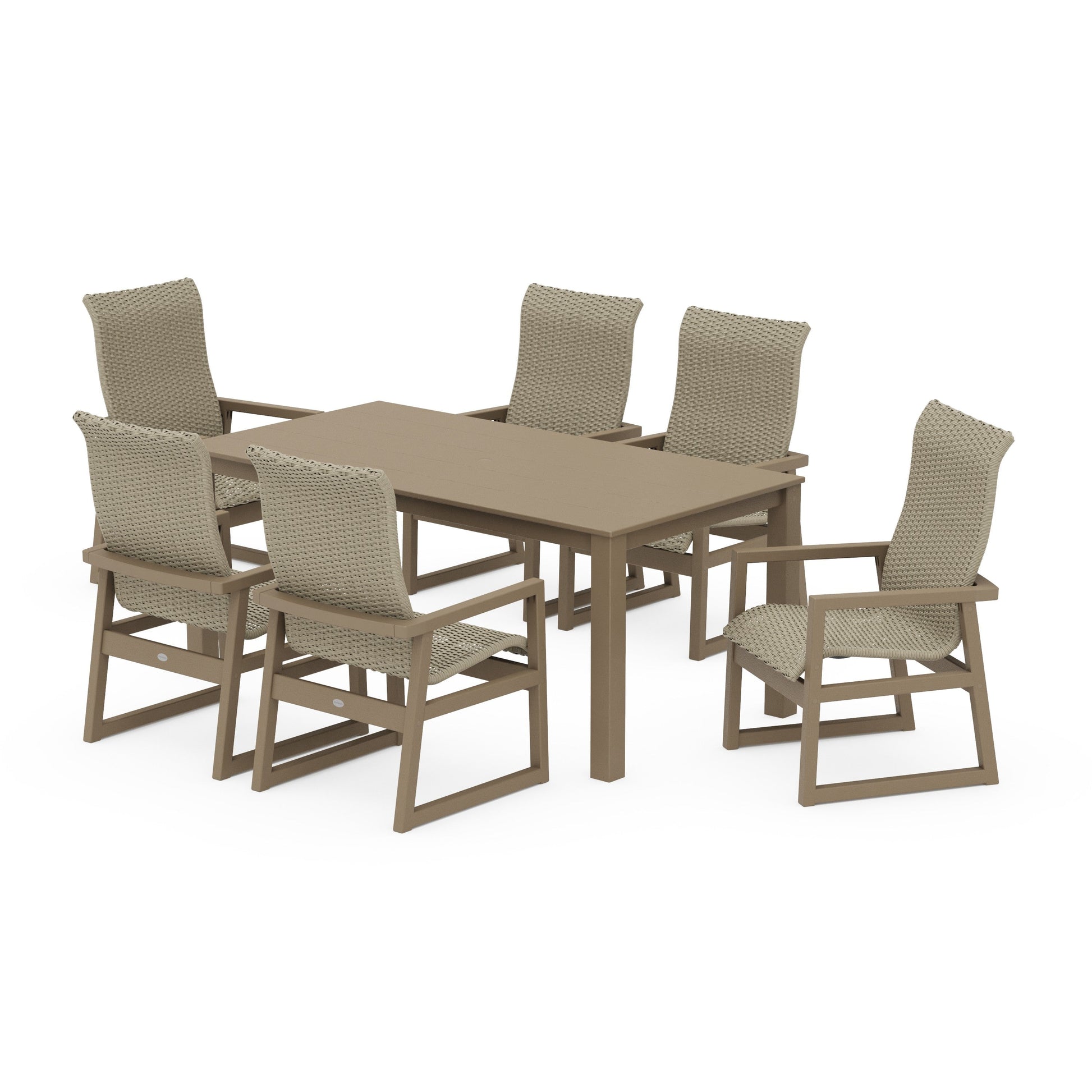 POLYWOOD EDGE Woven Highback Arm Chair 7-Piece Parsons Dining Set — Vintage Sahara / Dune Grass