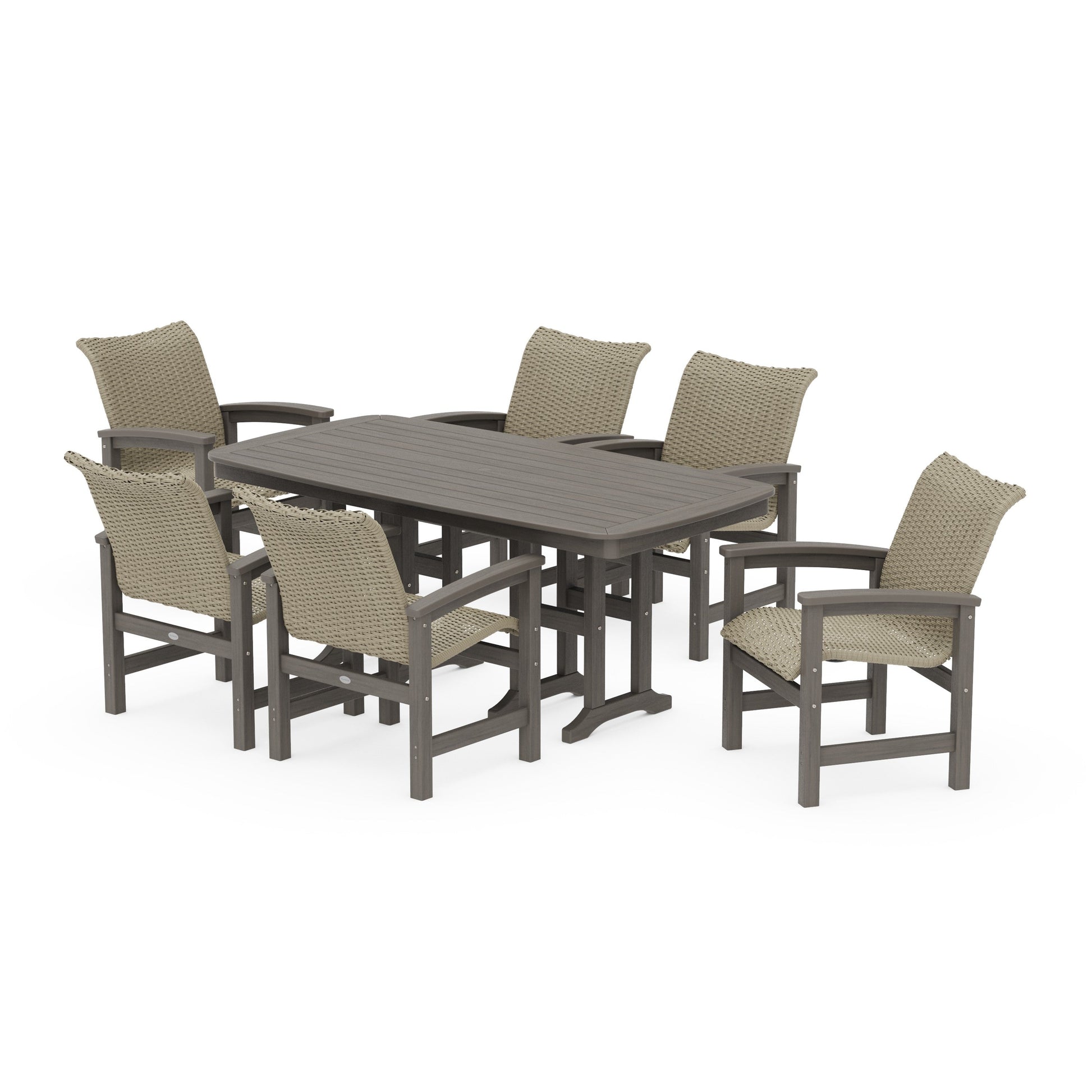 POLYWOOD Coastal Woven Arm Chair 7-Piece Dining Set — Driftwood / Dune Grass