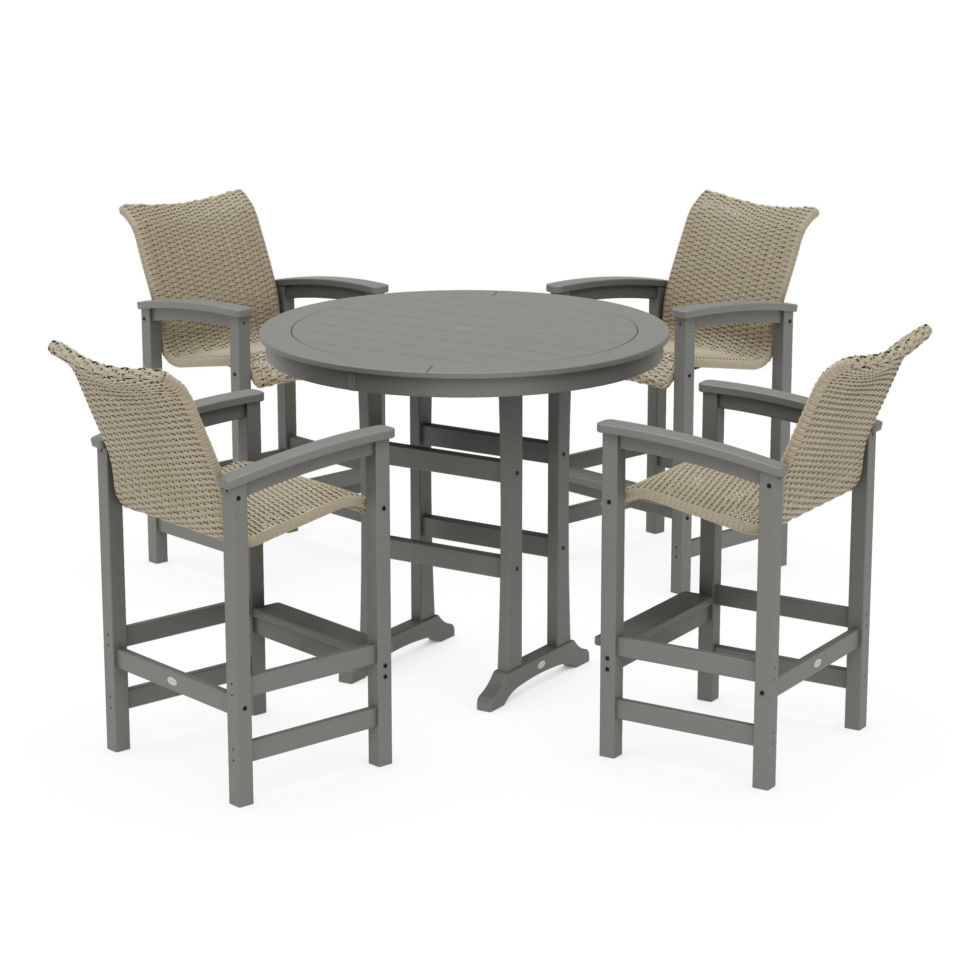 POLYWOOD Coastal Woven 5-Piece Round Bar Set — Slate Grey / Dune Grass