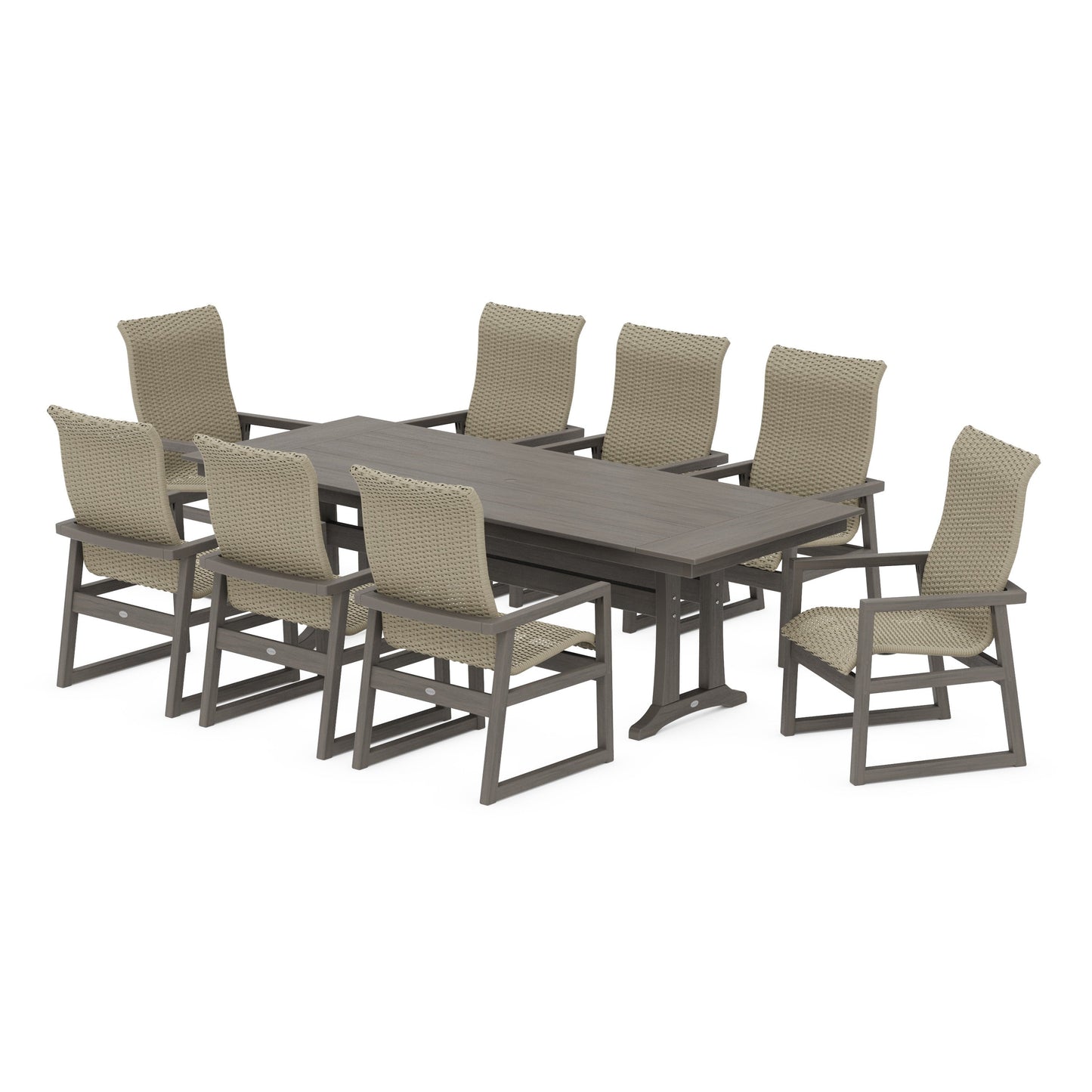 POLYWOOD EDGE Woven Highback 9-Piece Farmhouse Dining Set with Trestle Legs — Driftwood / Dune Grass