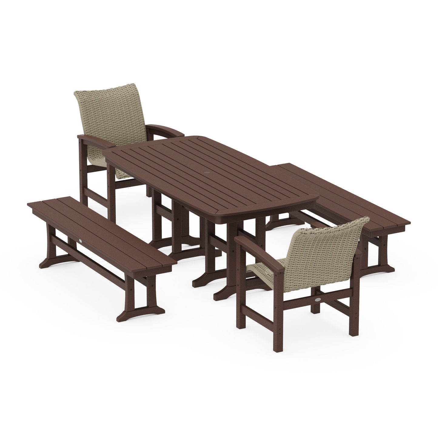 POLYWOOD Coastal Woven 5-Piece Dining Set with Benches — Mahogany / Dune Grass